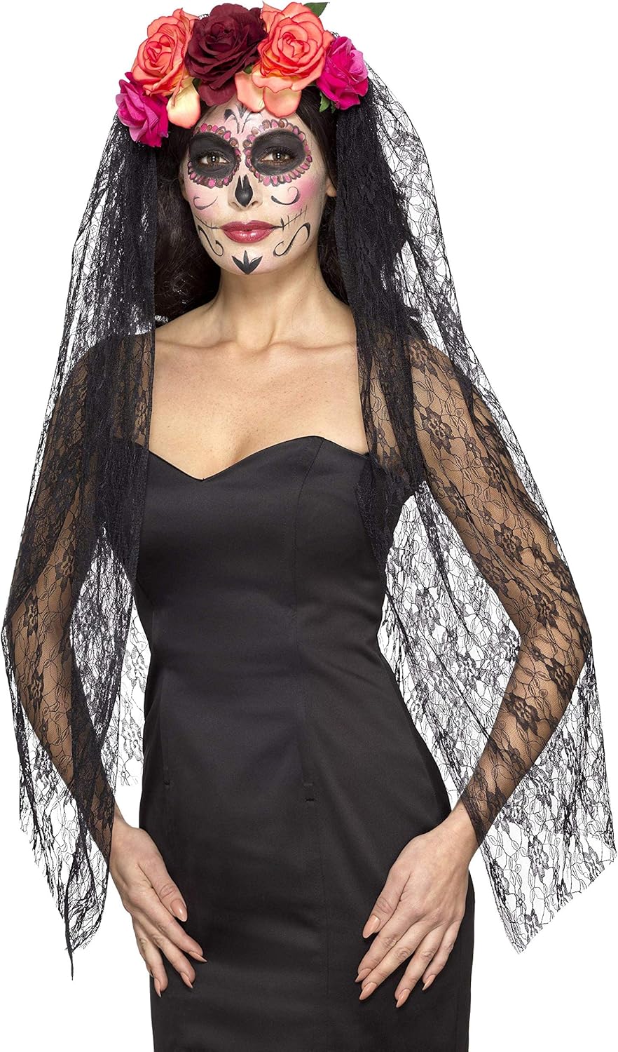 Smiffys Day of the Dead Deluxe Headband, Red & Black with Roses & Veil