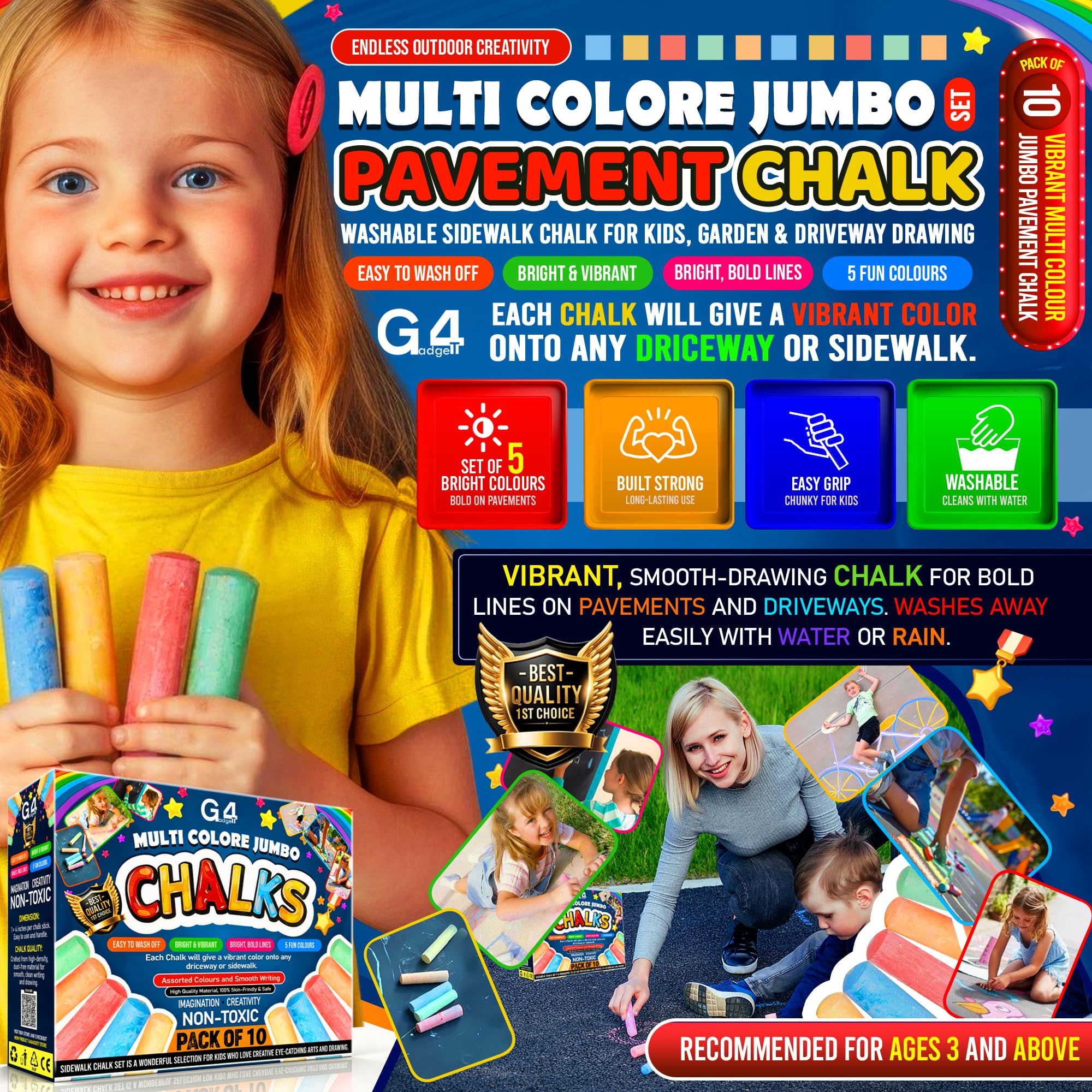 G4GADGET Jumbo Chalks for Kids – 10 Pack Giant Chunky Outdoor Pavement Chalk | Washable & Non-Toxic 2