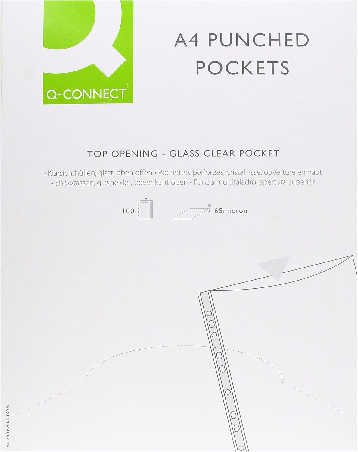 Q-Connect Delux Punched Pocket Top Opening Green Strip A4 Clear (Pack of 100) 1