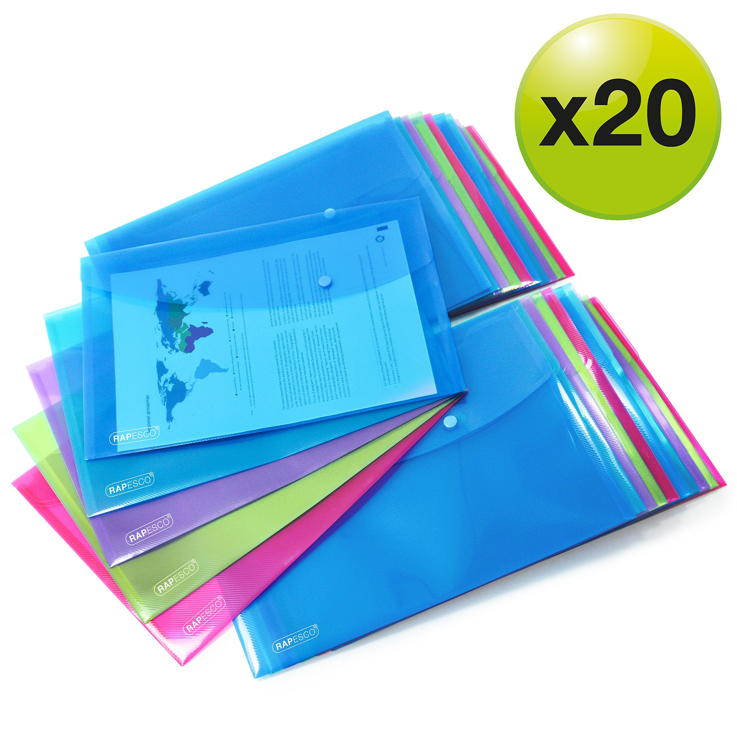 RAPESCO 1494 ECO Recycled Popper Wallets - A4+, Assorted Bright Transparent, Pack of 20