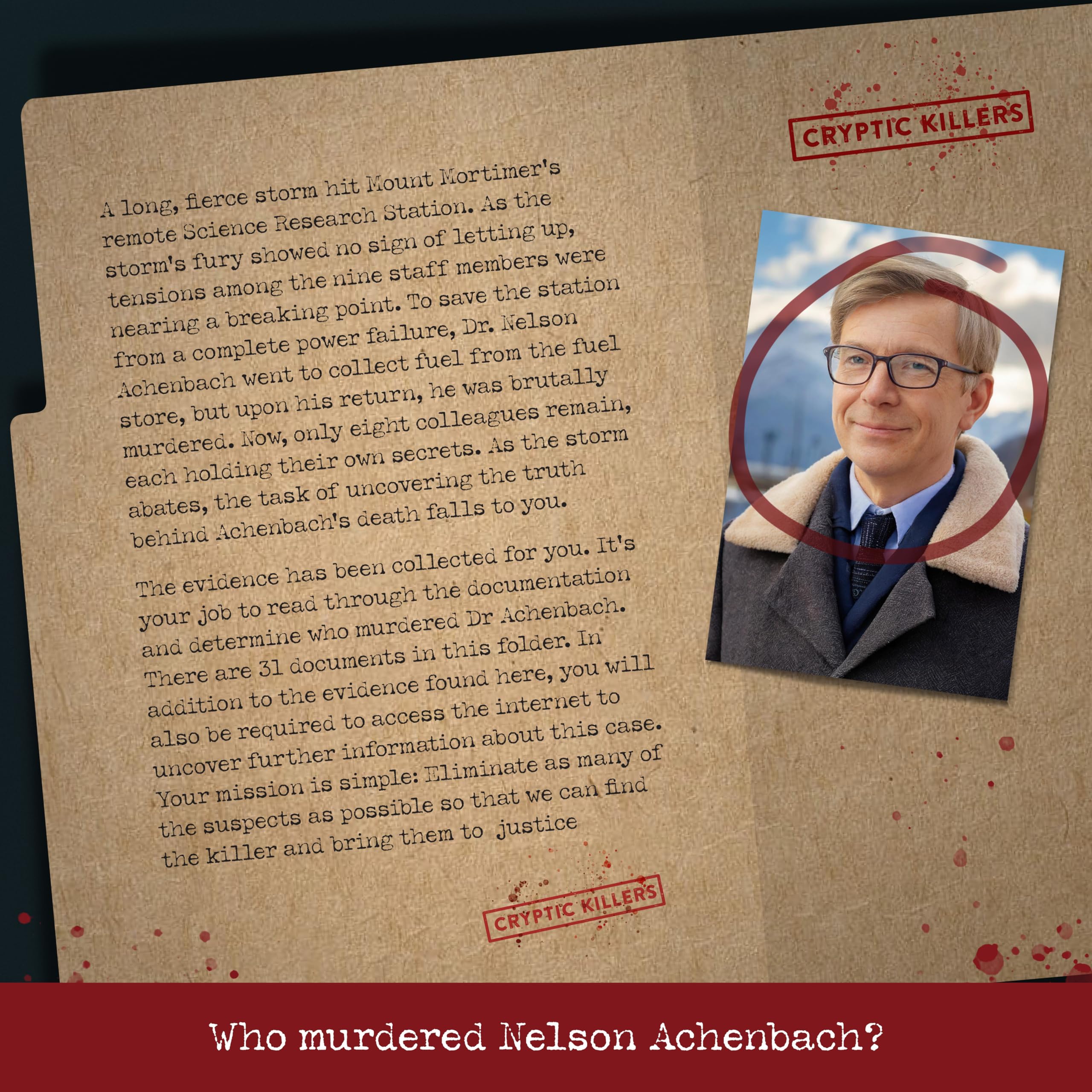 Cryptic Killers Murder on Mount Mortimer Unsolved Murder Mystery Game | Difficulty 4/5 | Ages 14+