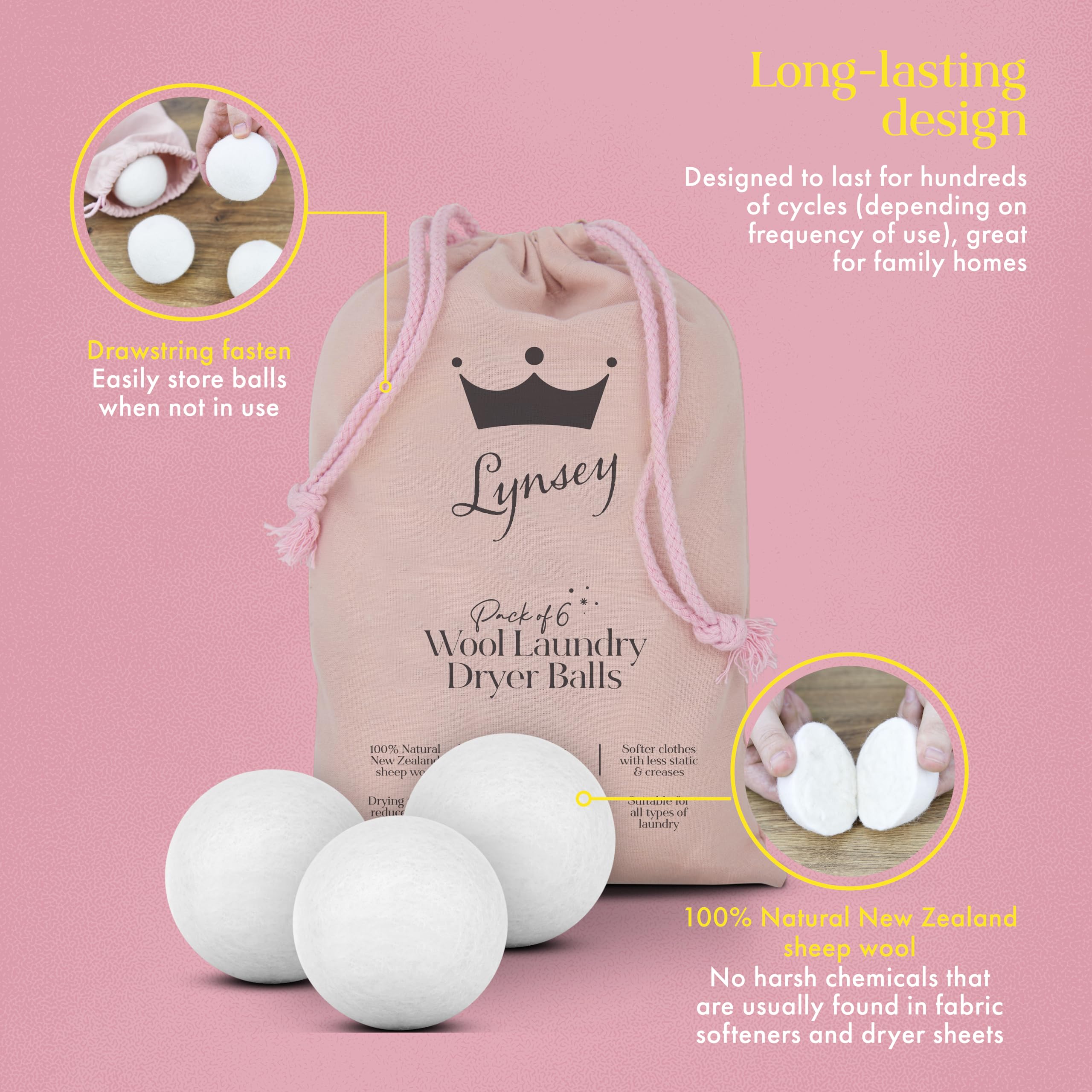 Swan - Queen of Clean 6 Natural Wool Dryer Balls in Drawstring Bag 8