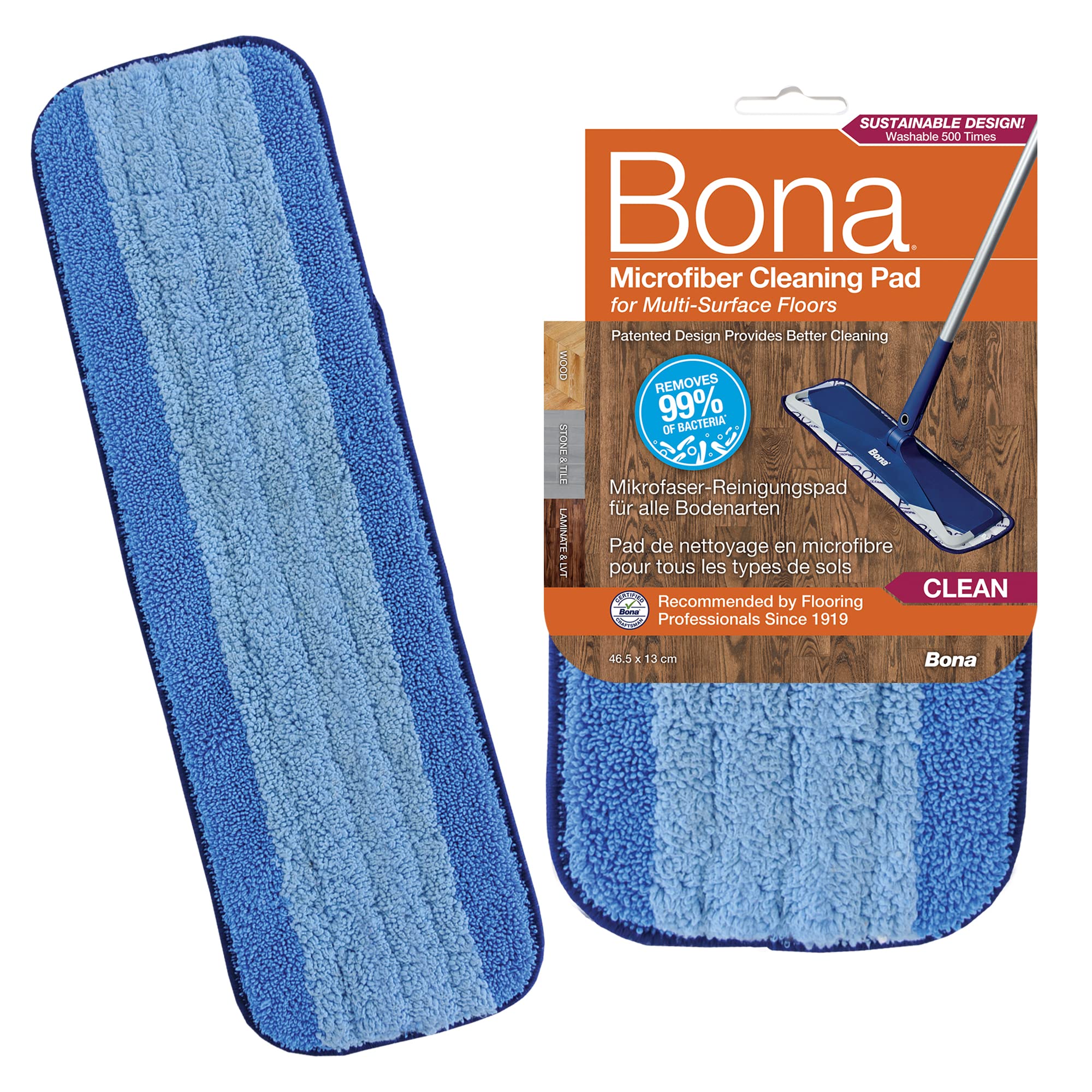 Bona CA101020 Microfibre Cleaning Mop Pad - Safe for All Hard Floors | Removes 99% Bacteria | Reusable