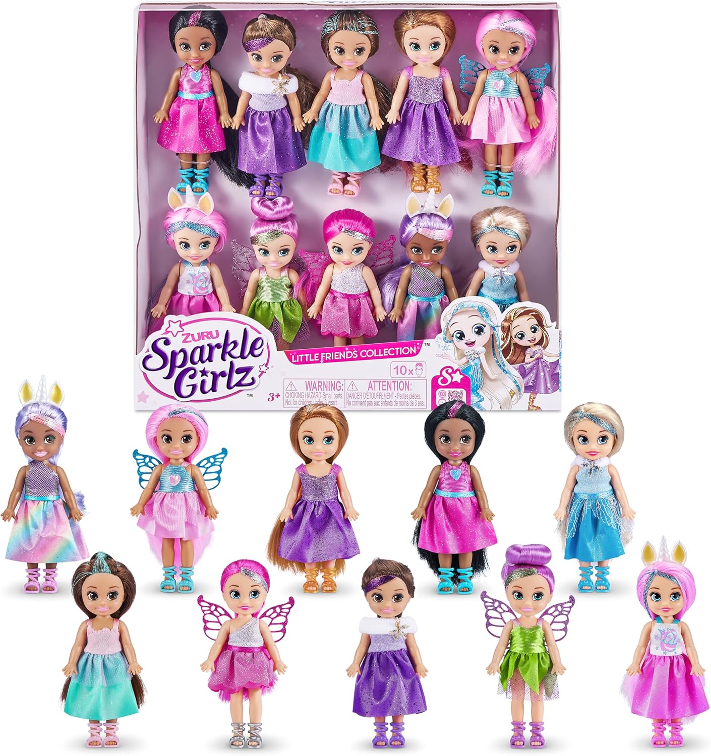 ZURU Sparkle Girlz Fantasy Little Friends Set of 10 Dolls - Sparkly Outfits & Brushable Hair 1