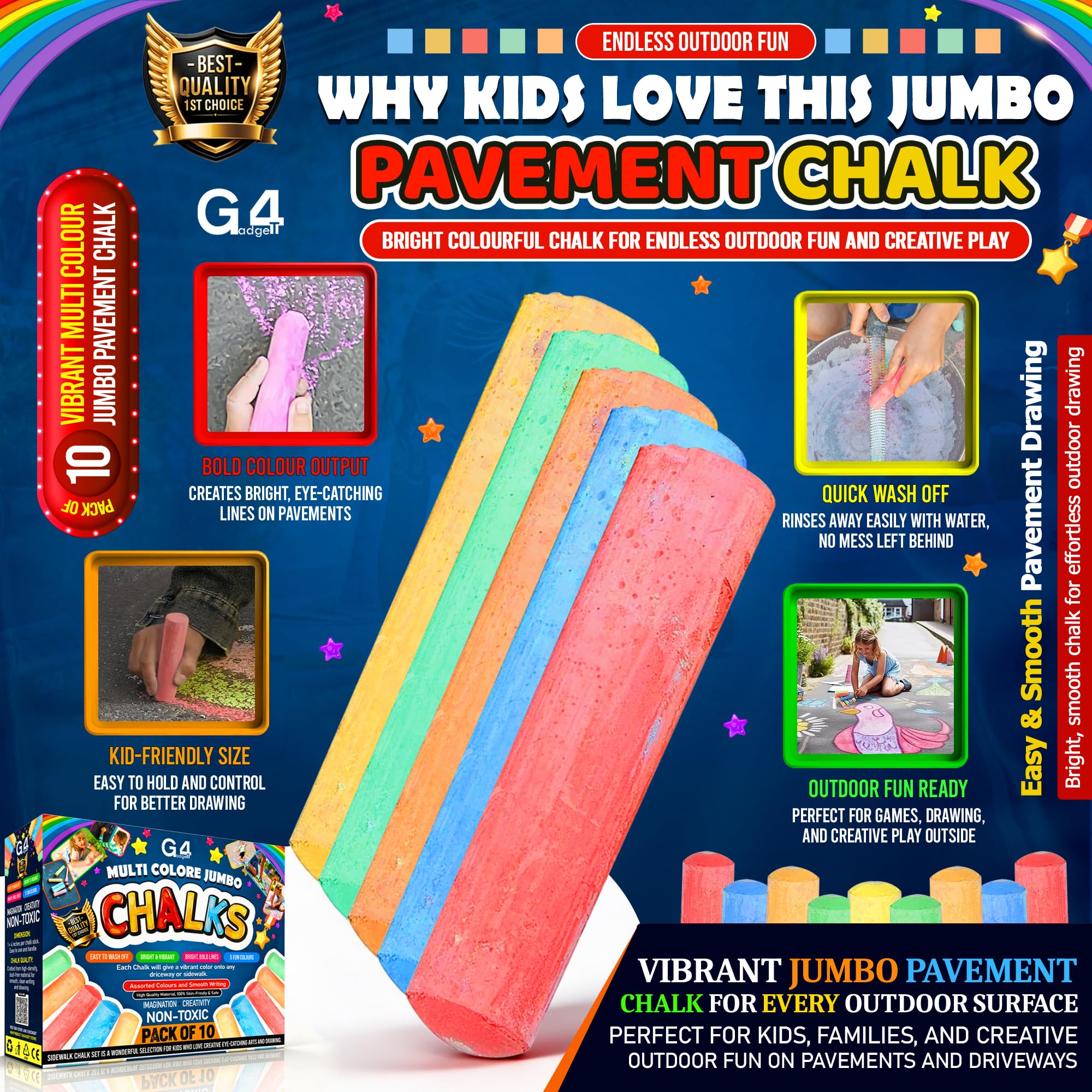 G4GADGET 20 Jumbo Chalks for Kids – Giant Chunky Outdoor Pavement Chalk | Age 3+ 3