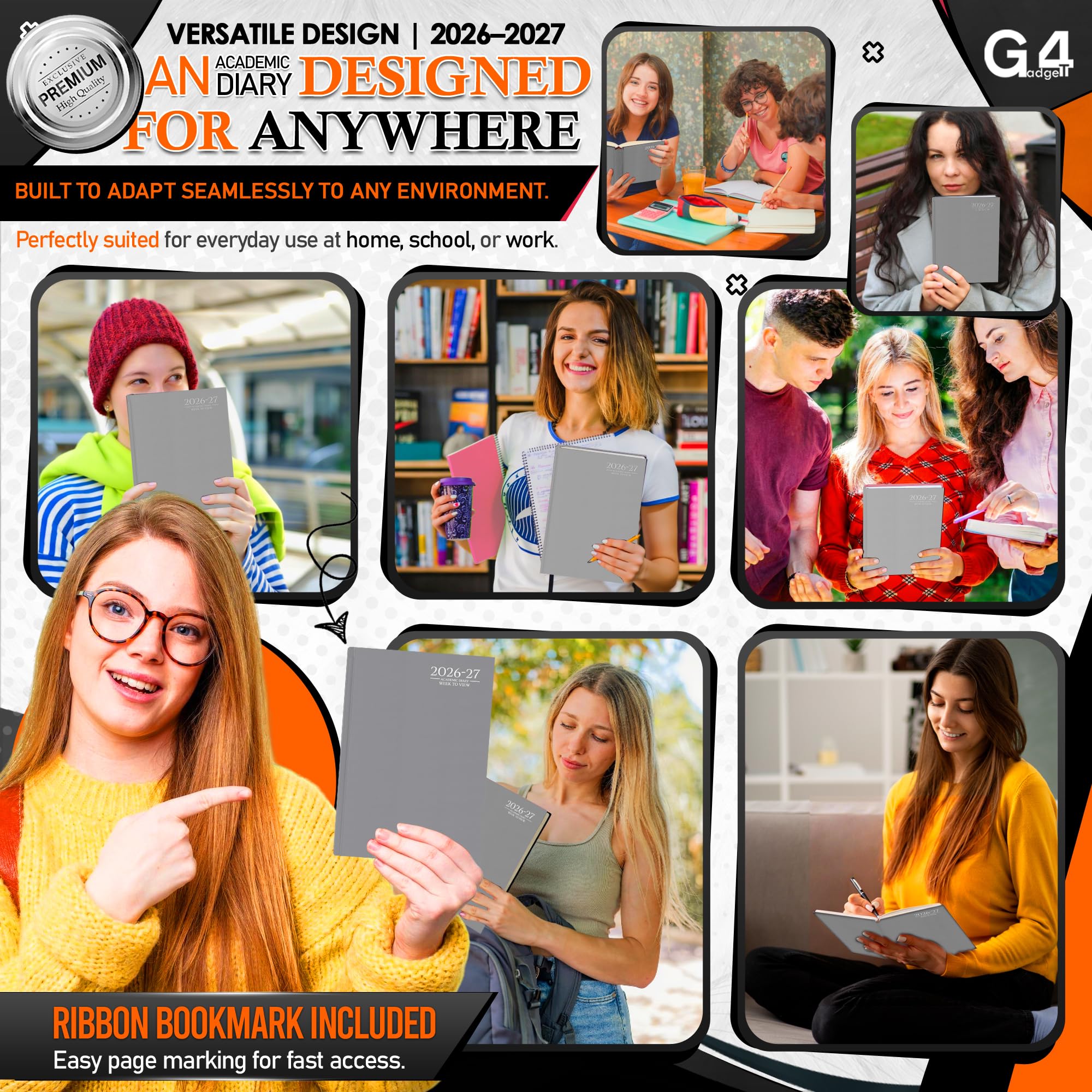 G4GADGET 2026-2027 Academic Diary - A4 Week To View | Grey Hardback | August 2026 - July 2027 5