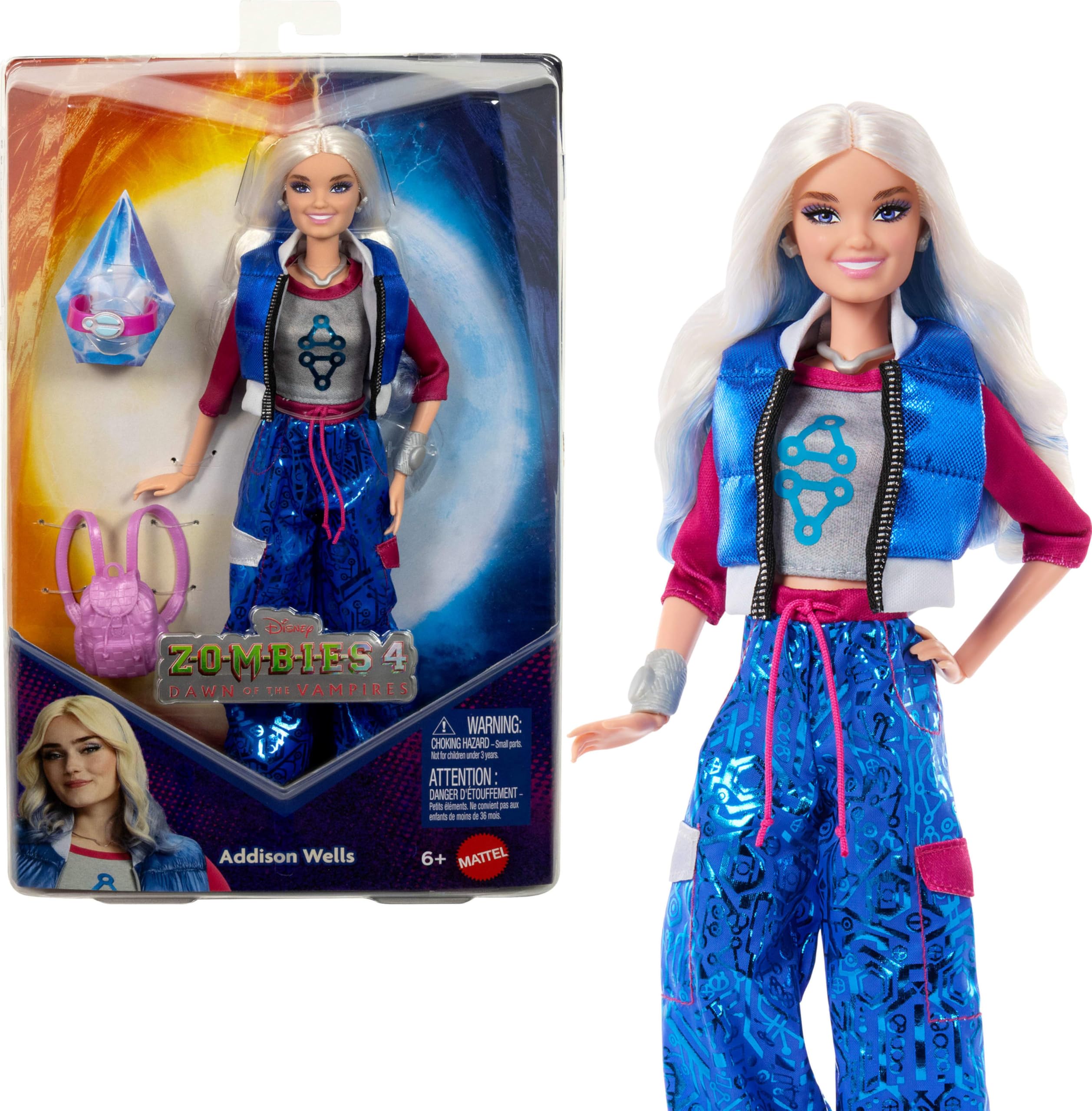 Mattel Disney Zombies 4: Dawn of the Vampires Addison Wells Fashion Doll - 11 Joints, Silver Hair, Blue Outfit 1