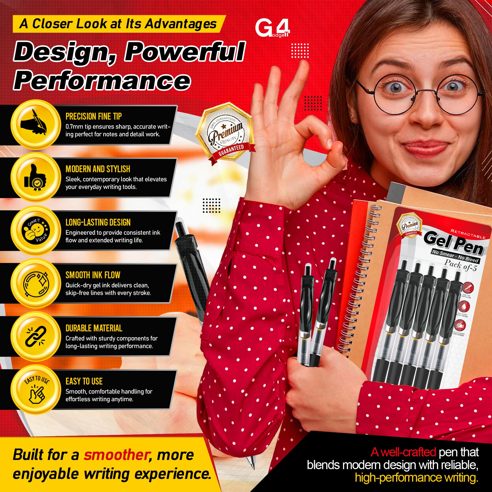 G4GADGET Gel Ink Rollerball Pens - 0.7mm Smooth Black Ink, Retractable Click, Comfort Grip | 5 Pack 2
