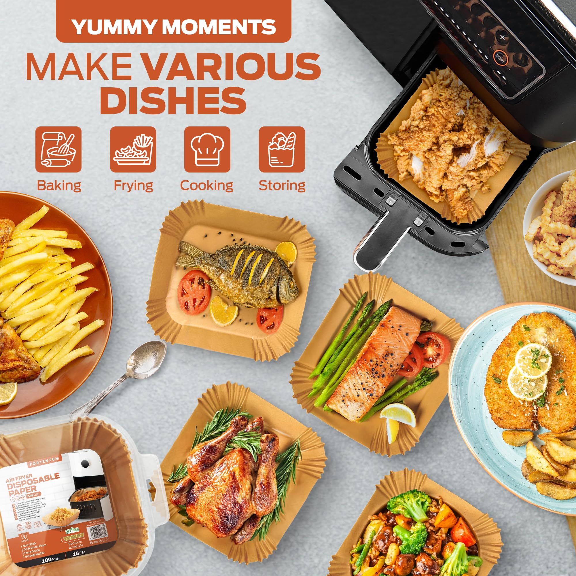 PORTENTUM Air Fryer Liners - 200PCS Disposable, Unbleached, Greaseproof | BPA Free | Food Grade Certified 6