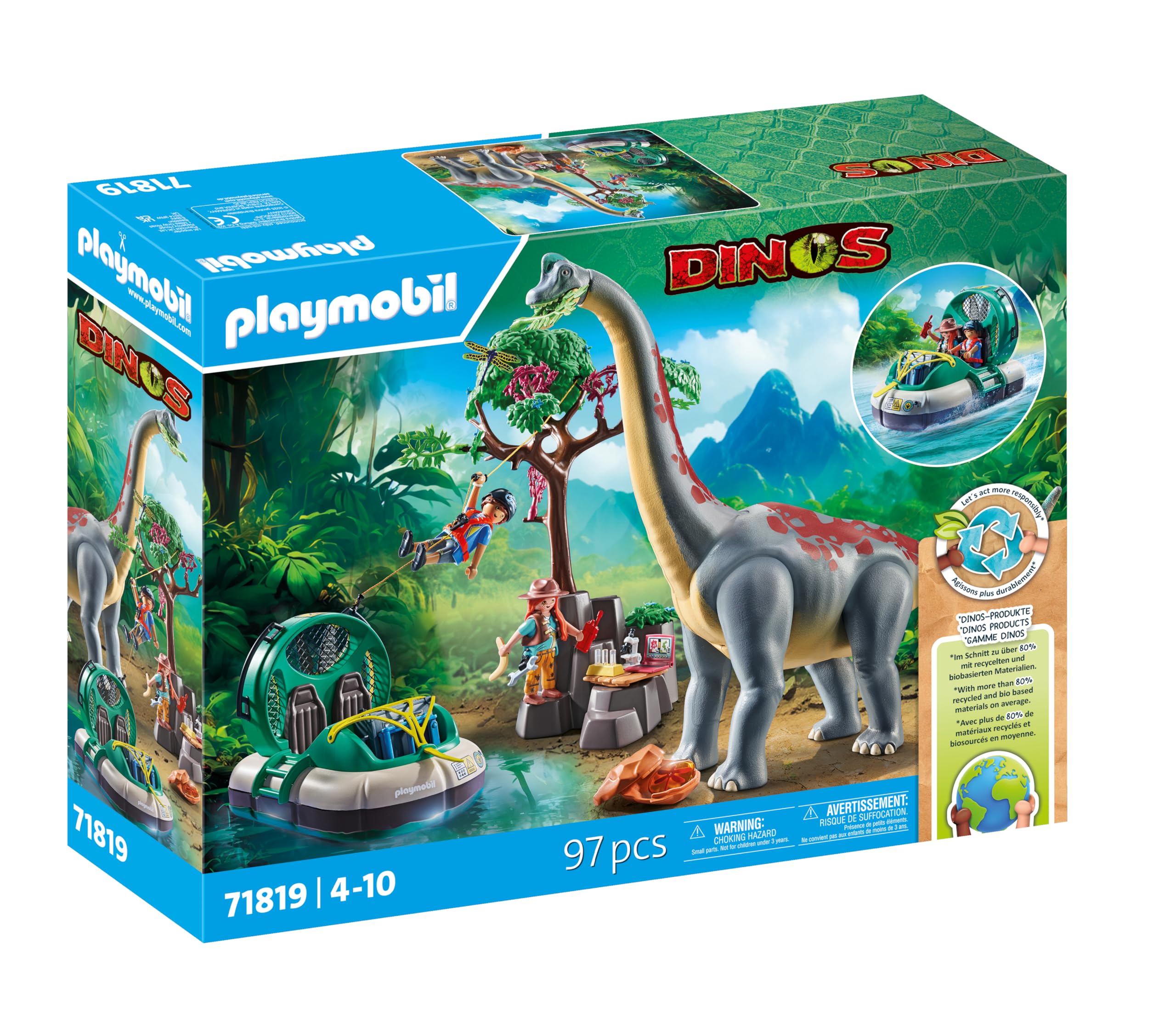 Playmobil Dinos Brachiosaurus Encounter with Hovercraft - Action Playset for Kids 4-10