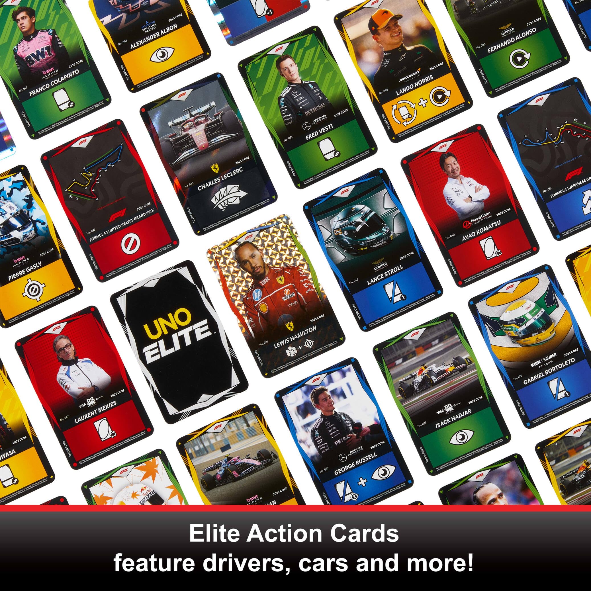 Mattel Games UNO Elite Formula 1 Booster Set 2 Pack with 60 Elite Action Cards, 2025 Core Edition 3