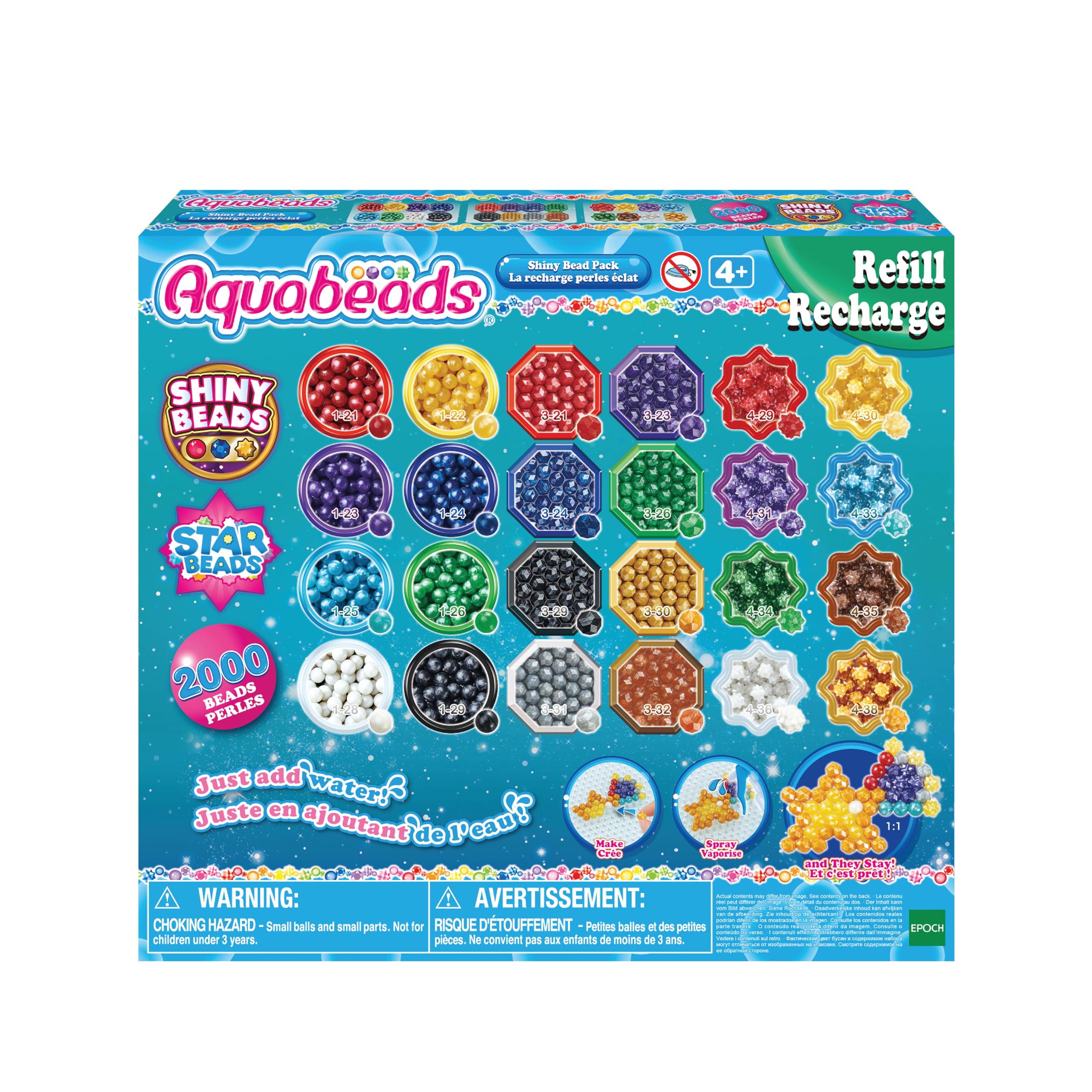 Aquabeads Shiny Bead Pack Refill - 2000 Beads in 24 Colors (Solid, Polygon, Star) | Ages 4+