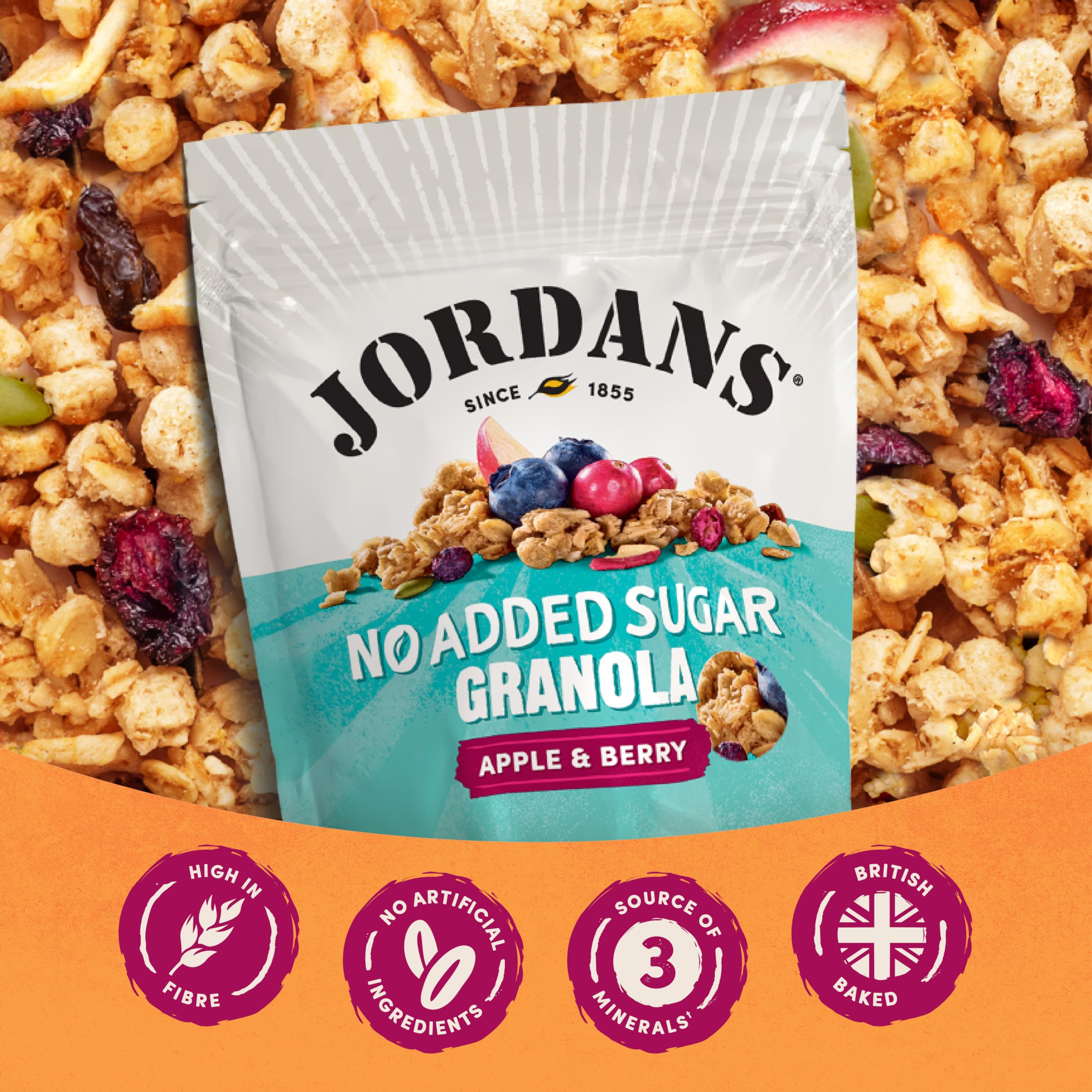JORDANS No Added Sugar Apple & Berries Granola - High Fibre, Vegetarian | 4 x 425g Multi-pack 4