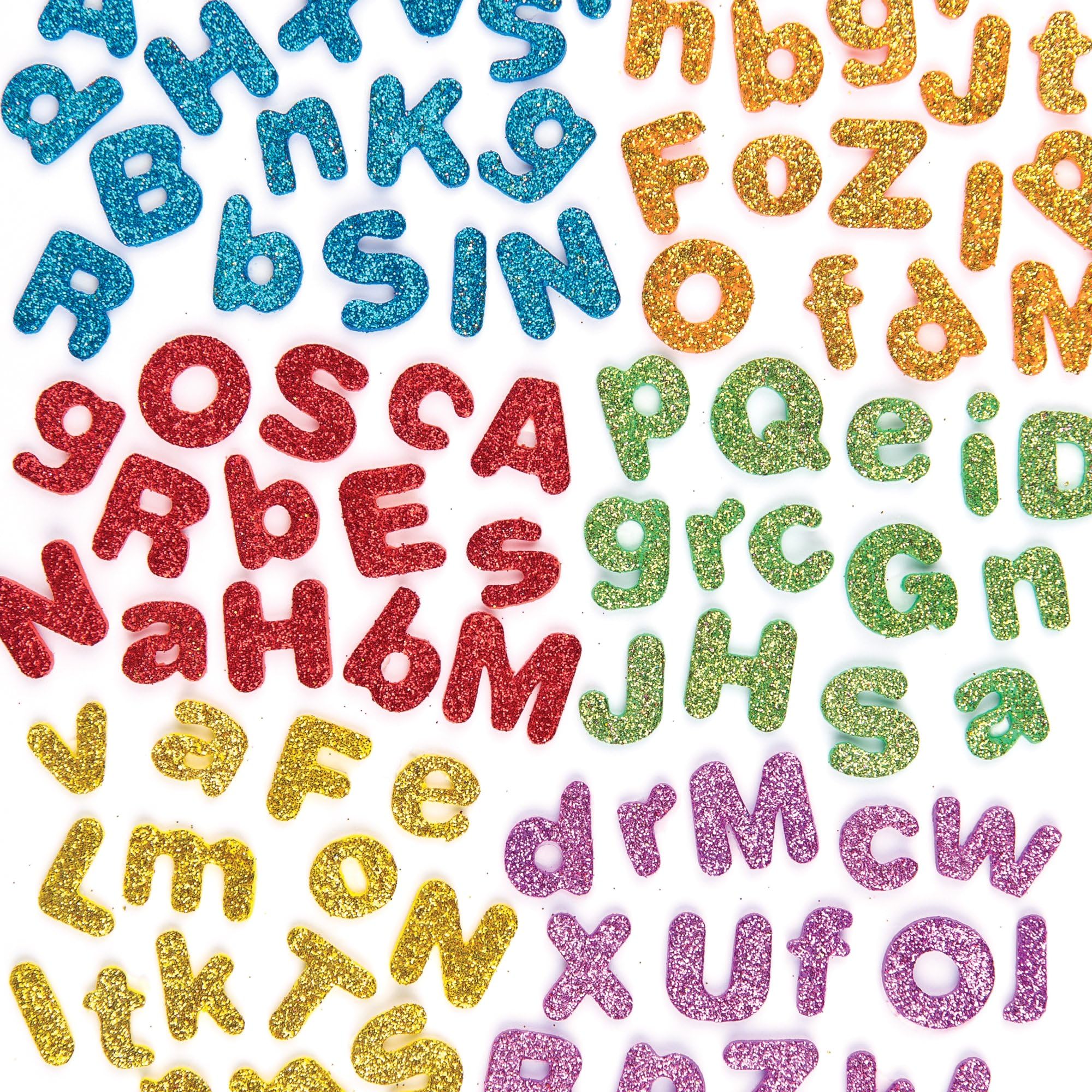 Baker Ross EX594 Glitter Letter Puffy Stickers - 850 Pack Self Adhesive Foam Shapes for Scrapbooking | 1cm-1.5cm 1
