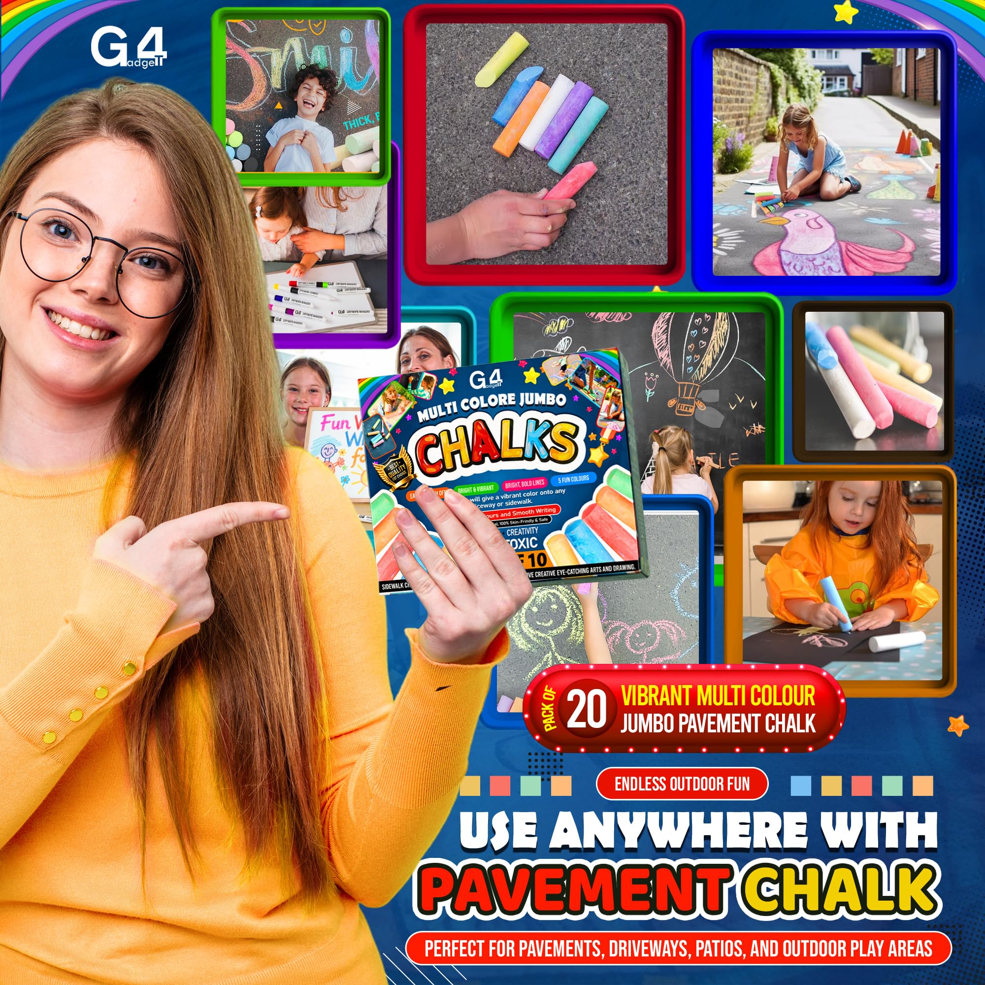 G4GADGET 20 Jumbo Chalks for Kids – Giant Chunky Outdoor Pavement Chalk | Age 3+ 7