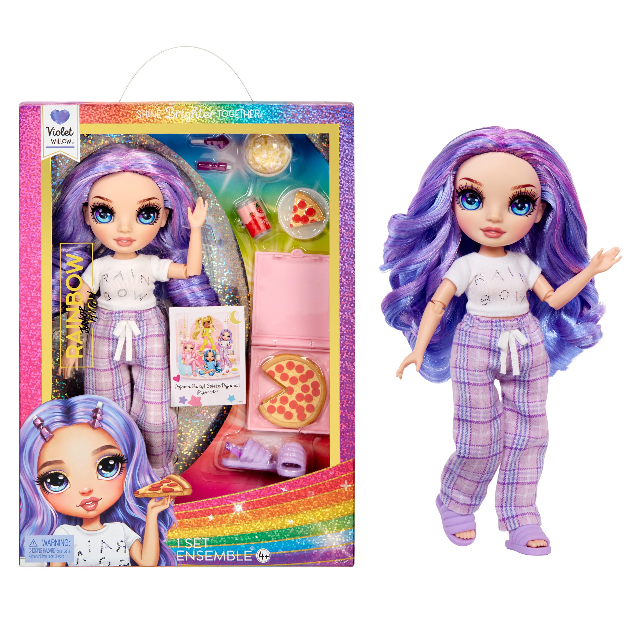 Rainbow High Junior High PJ Party - Violet (Purple) - 22 cm Posable Doll with Pyjamas, Slippers & Accessories - Ages 4-12 1