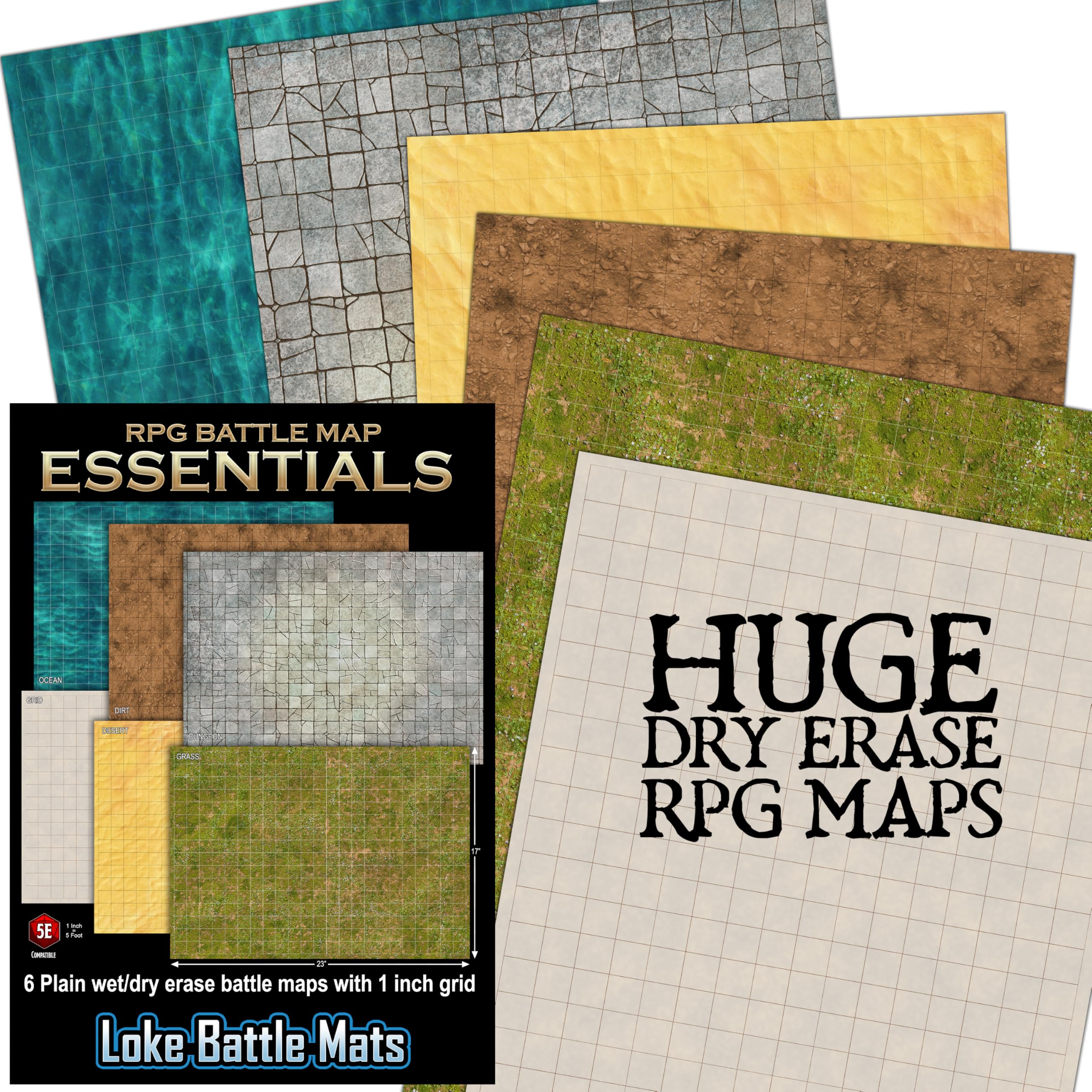 Loke BattleMats Essential RPG Battle Maps Starter Set - Dry Erase Ready, Lay Flat Play Area | 23 x 17 inches