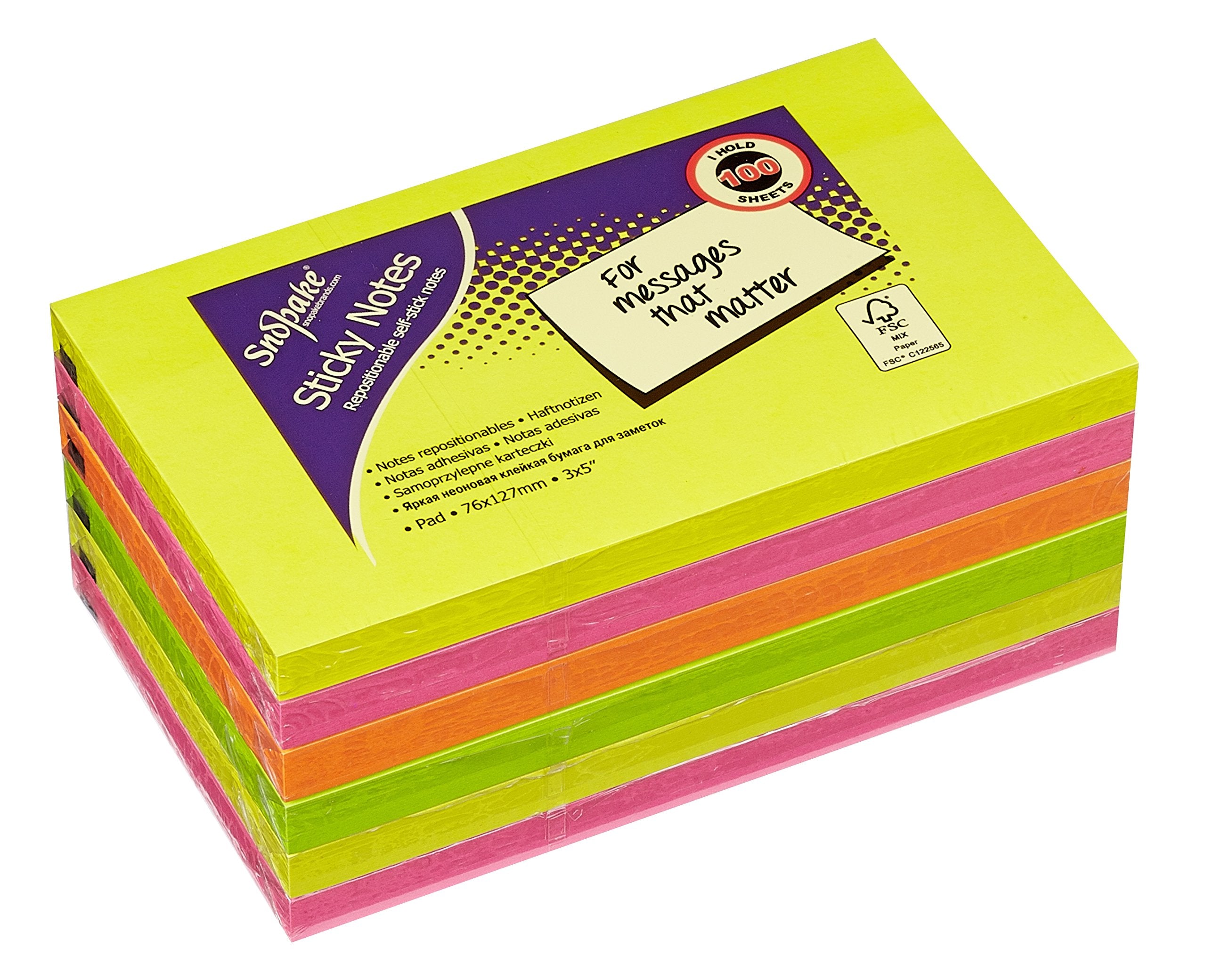 Snopake Neon Assorted Sticky Notes - 127 x 76 mm | 6 Pads of 100 Sheets | FSC Certified