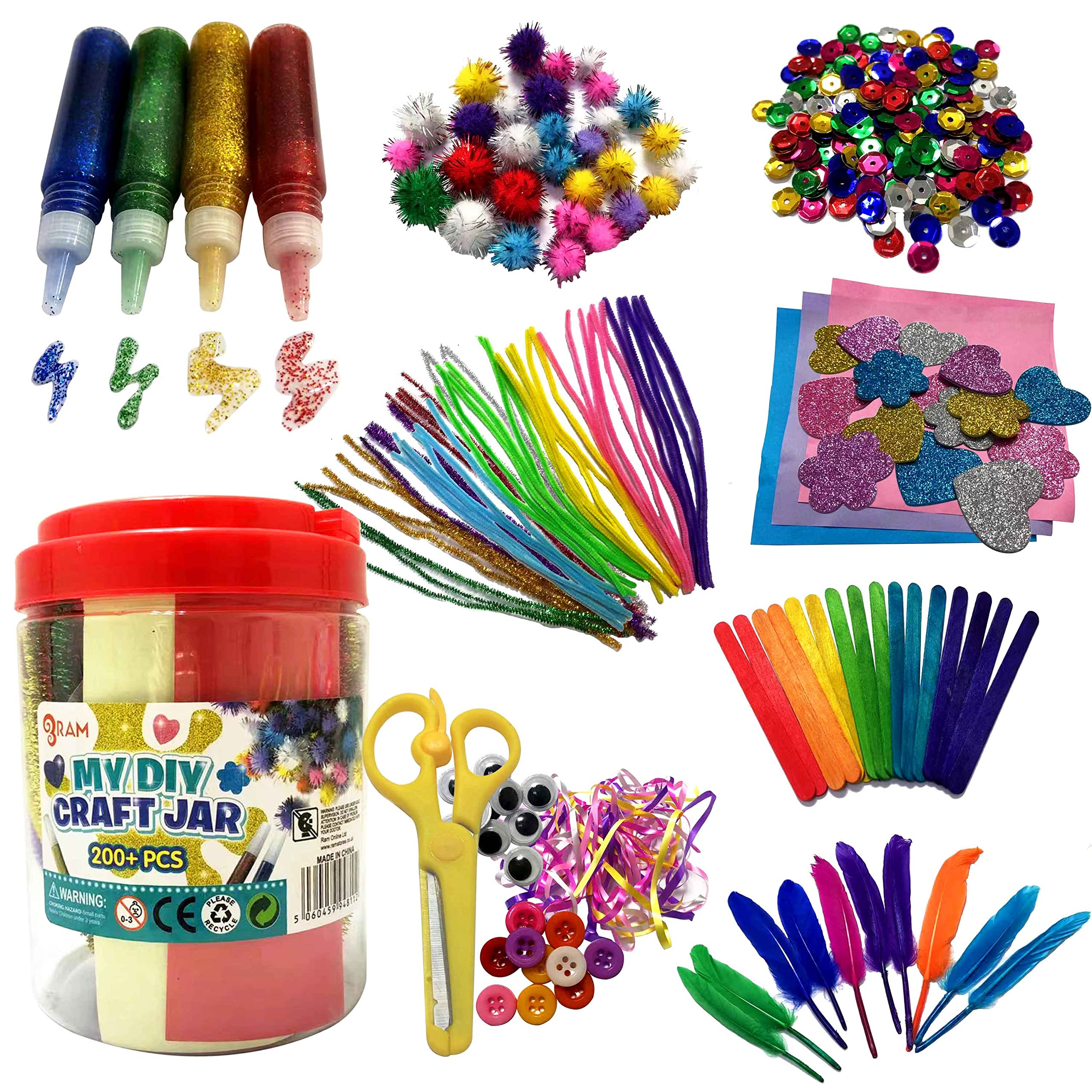 RAM ONLINE Giant 200 Piece Kids Craft Jar | DIY Art Set | Ages 3+ | Multi-Color 1