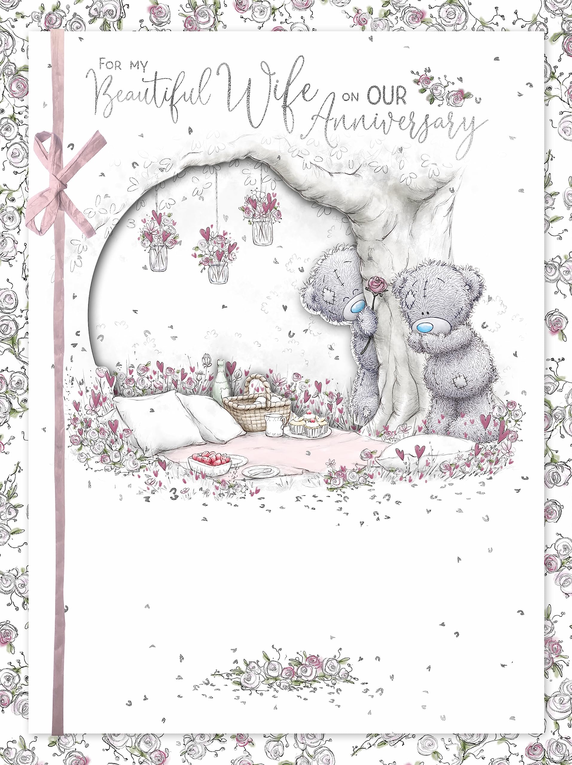 Me To You Tatty Teddy 'Beautiful Wife' Luxury Boxed Handmade Anniversary Card | A5 Size | White/Grey/Pink/Silver