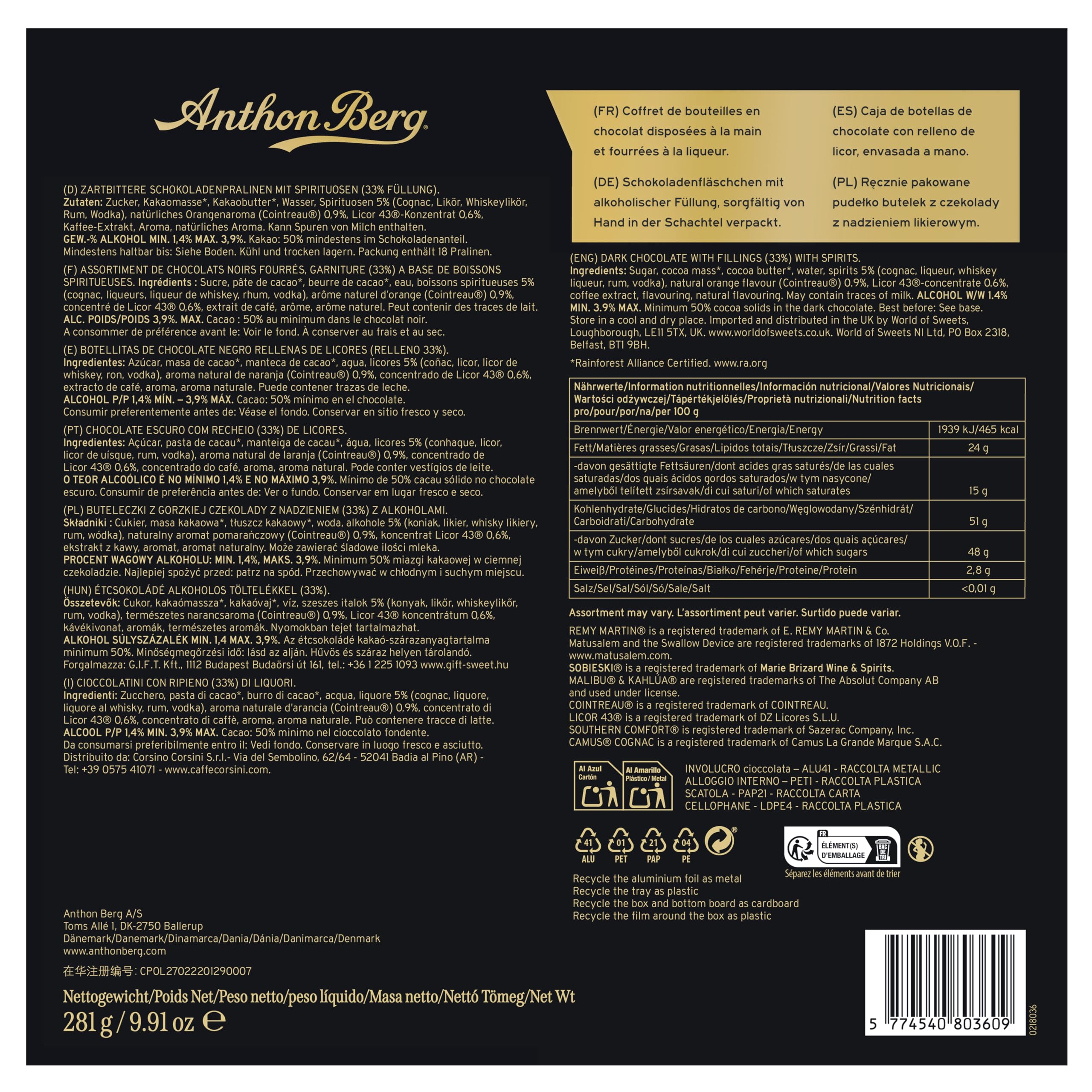 Anthon Berg Chocolate Liqueurs - 18 Pieces | Dark Chocolate with Spirits | 281g
