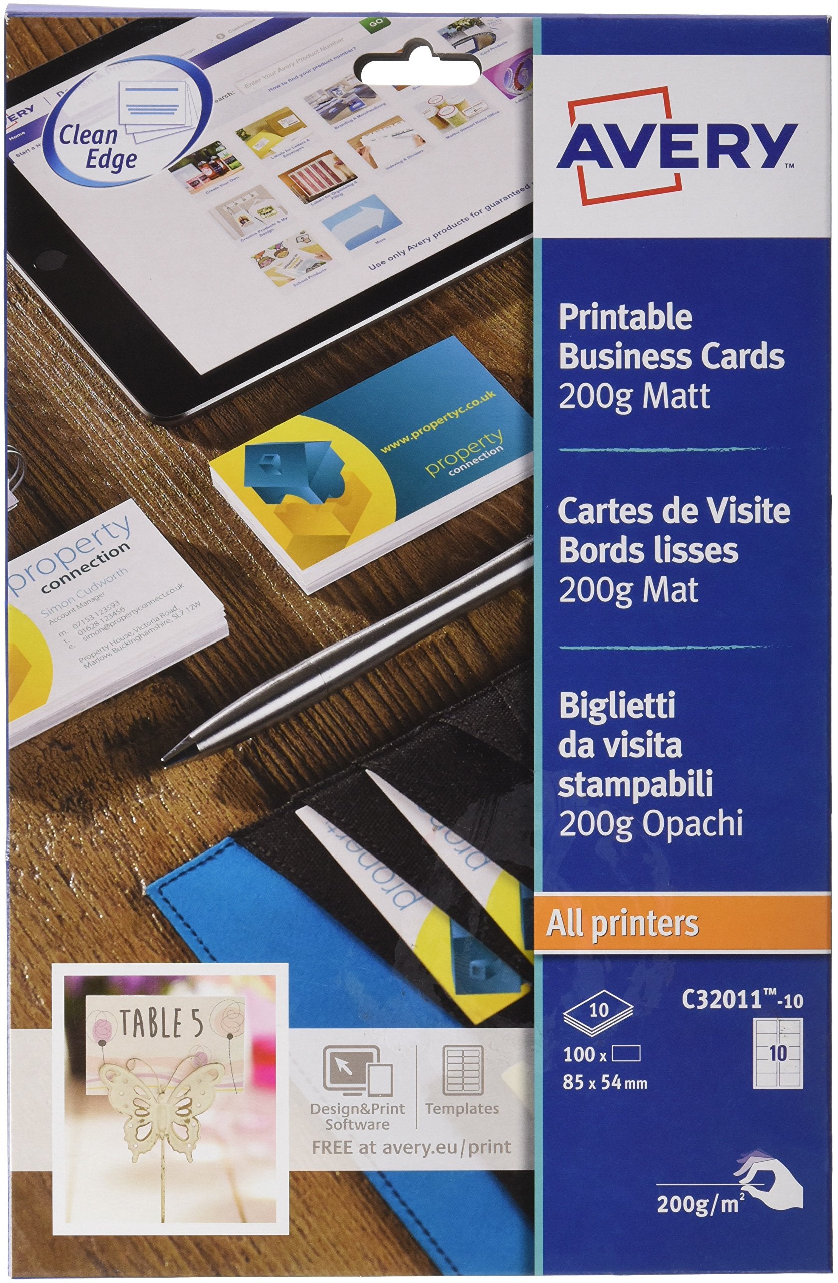 AVERY C32011-100 Printable Business Cards - 85 x 54 mm, White, 1000 Cards, Laser/Inkjet Compatible