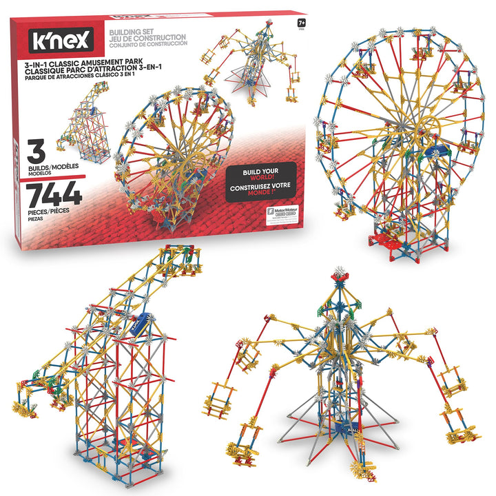 K'NEX 17035 Thrill Rides 3-in-1-Bauset für klassische Vergnügungsparks, 744-teiliges Kinderbauset für kreatives Spielen, stundenlanger Spaß beim Bauen von drei Fahrgeschäften auf dem Messegelände, geeignet für Jungen und Mädchen ab 9 Jahren
