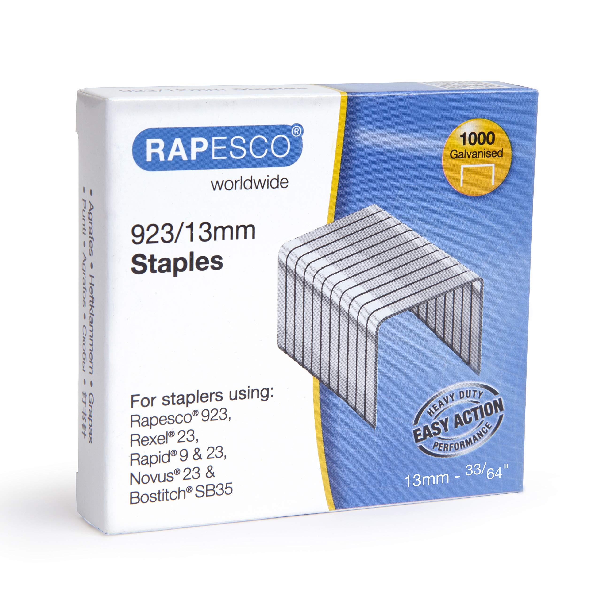 RAPESCO 1484 Heavy Duty Staples - Type 923/13mm Galvanised | 1000 Pack | Silver