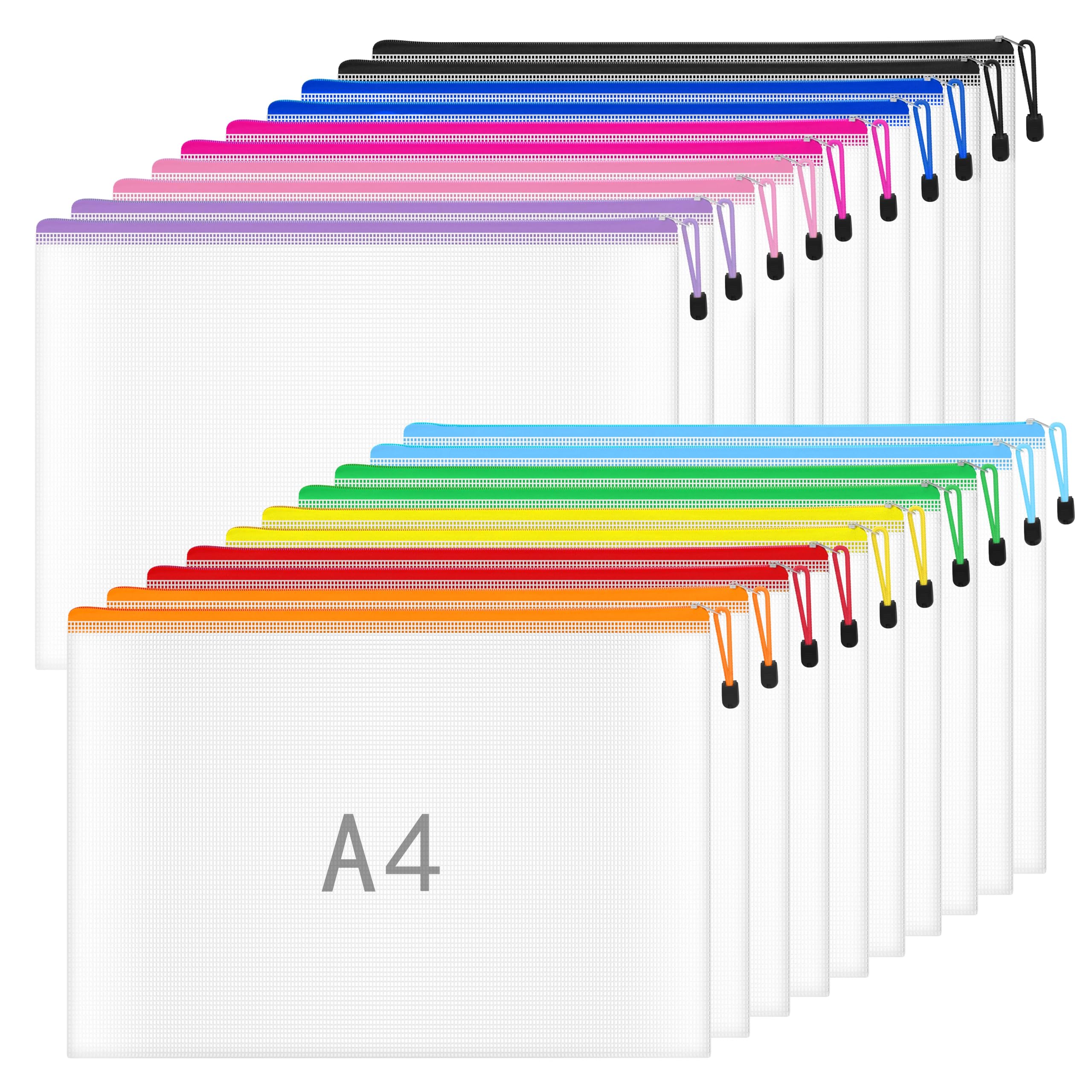 NORTHERN BROTHERS A4 Zip Wallets - 20 Pack, 10 Assorted Colours, Water Resistant PVC Folder