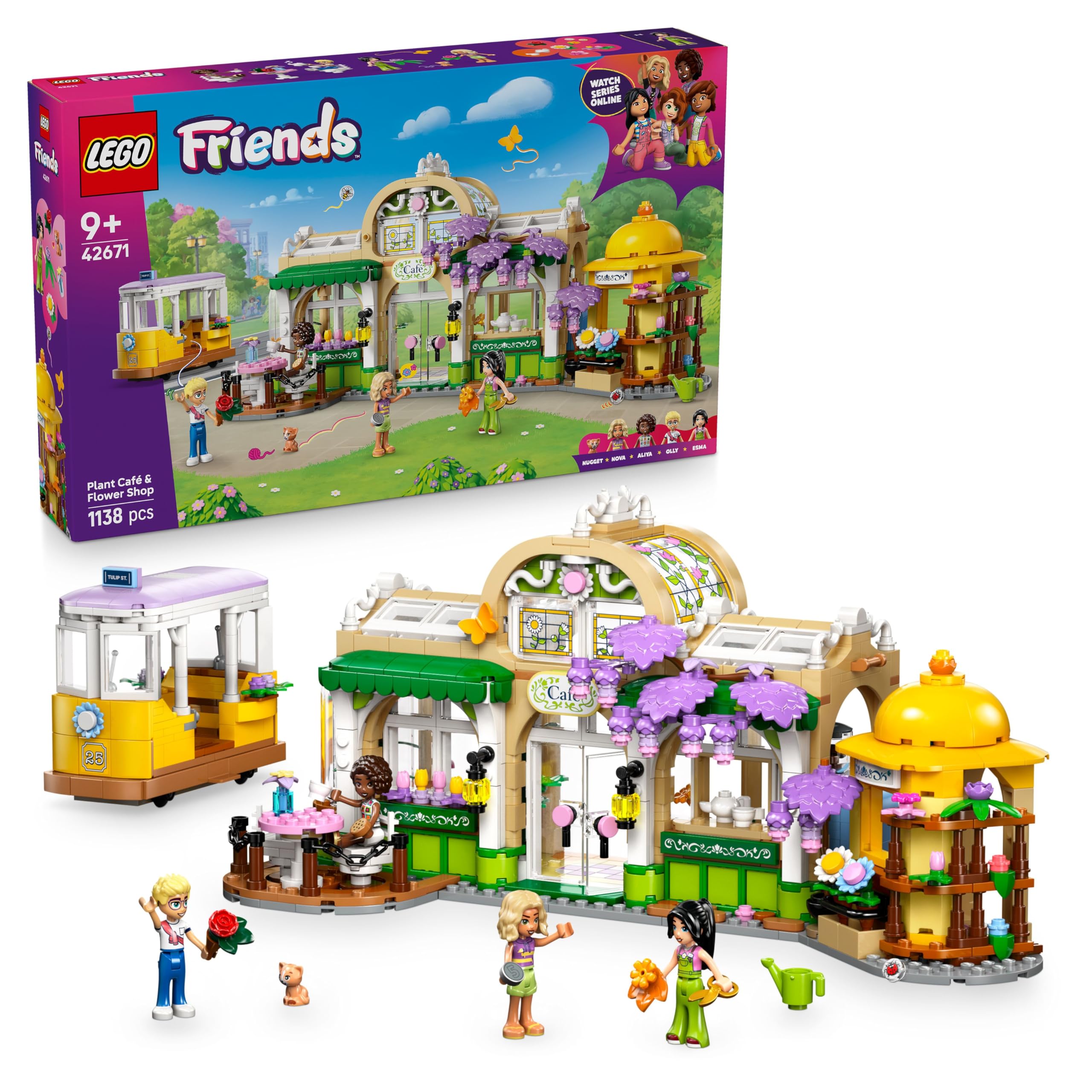 LEGO Friends Plant Café & Flower Shop - Building Set with 4 Mini Dolls and Tram, 1138 Pieces