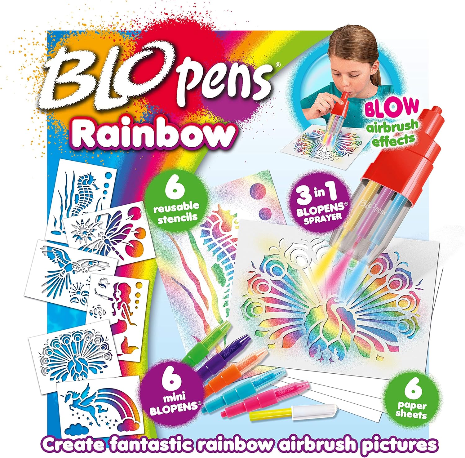 John Adams BLOPENS Rainbow Set - 6 Colour Spray Drawing Kit with Stencils 1