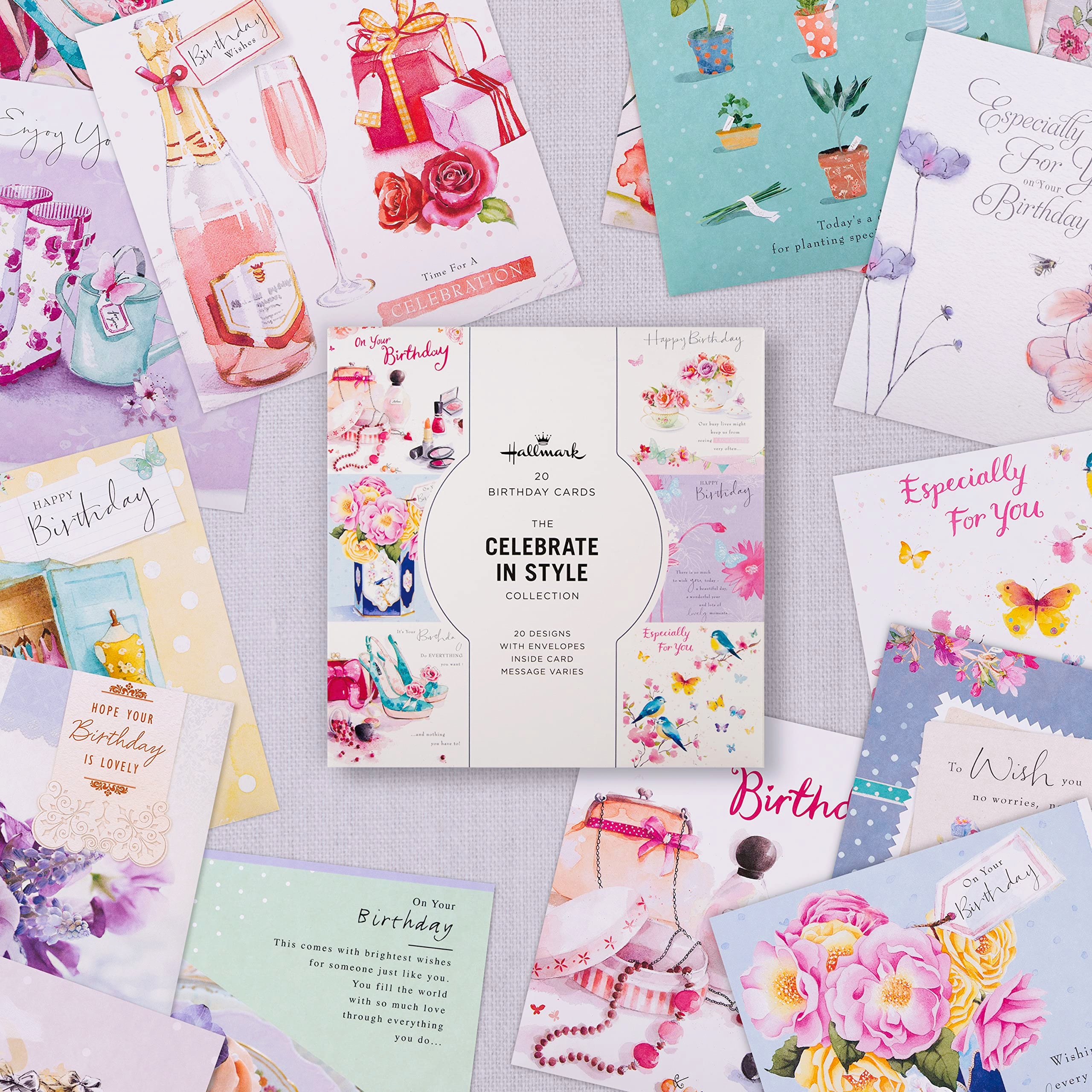 Hallmark Birthday Cards Multipack - 20 Cards in 20 Floral Designs | 16cm x 16cm