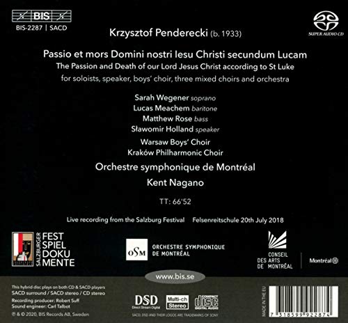 Krzysztof Penderecki: St Luke Passion [Sarah Wegener; Lucas Meachem; Matthew Ros [Audio CD]