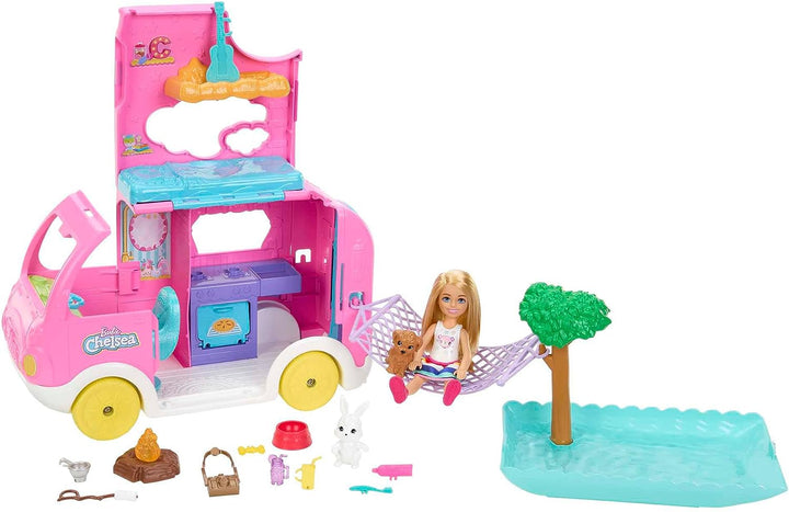 Barbie Camper, Chelsea 2-in-1 Playset with Small Doll, 2 Pets & 15 Accessories