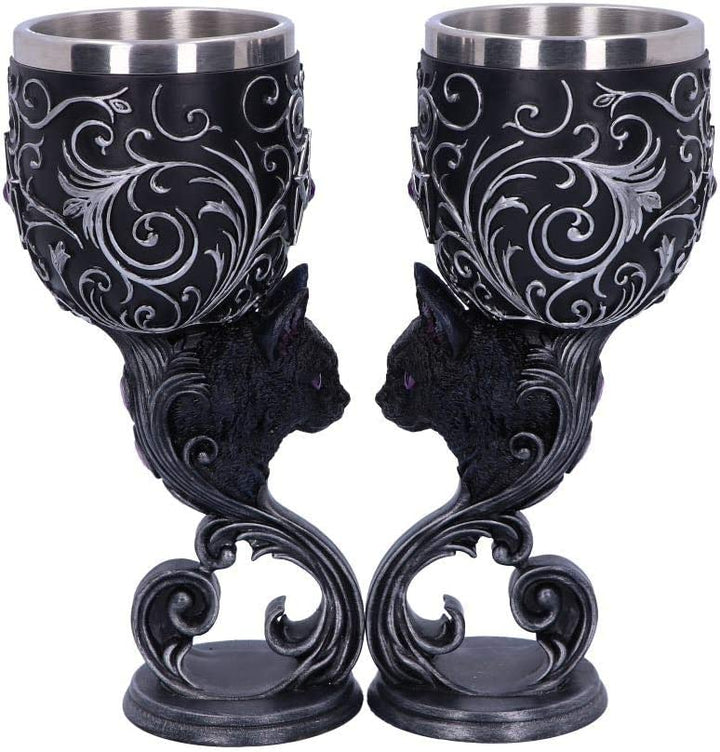 Nemesis Now Hex Twin Cat Heart Set of Two Goblets, Resin w/Stainless Steel Inser