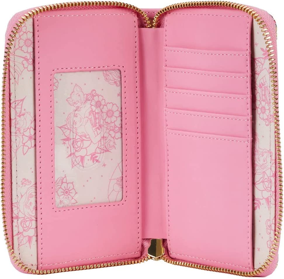 Loungefly Disney Princess Floral Tattoo Zip Around Wallet, Vegan Suede Pink Wall