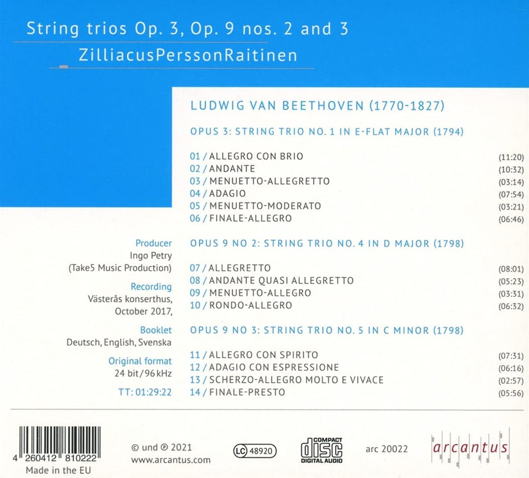 Zilliacus - Beethoven: String Trios, Op. 3, Op. 9 Nos. 2 And 3 [Audio CD]