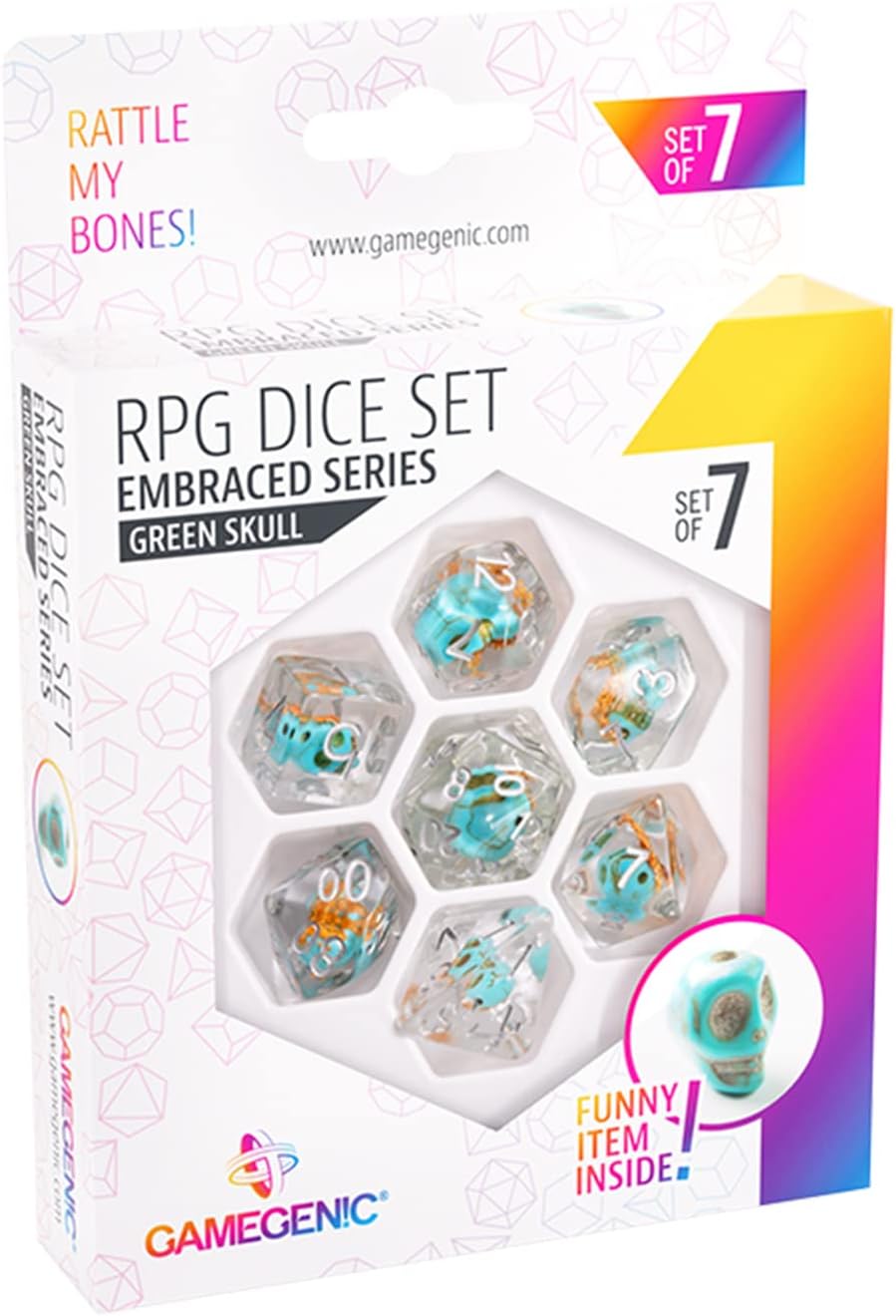 Gamegenic Embraced Series Green Skull RPG Dice Set | 7-Piece Resin Dice with Rounded Edges 2