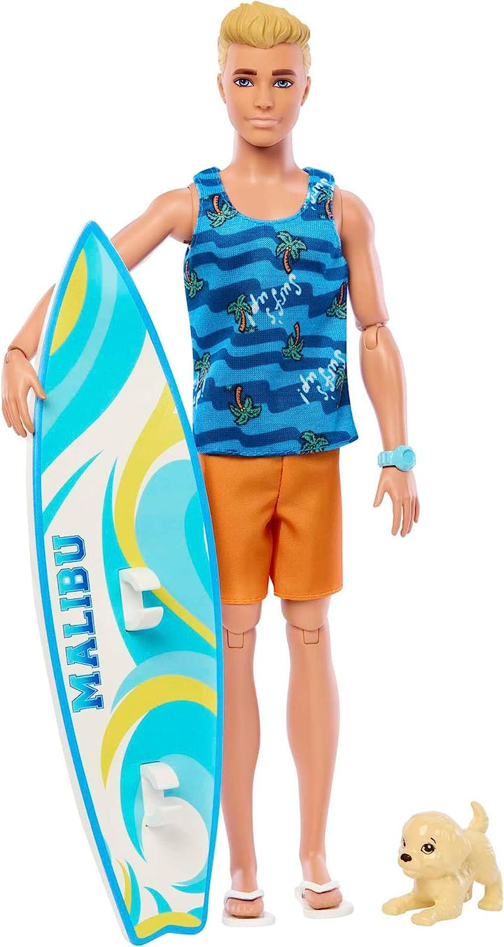 Ken Doll with Surfboard and Pet Puppy, Poseable Blonde Barbie Ken Beach Doll with Themed Accessories like Towel