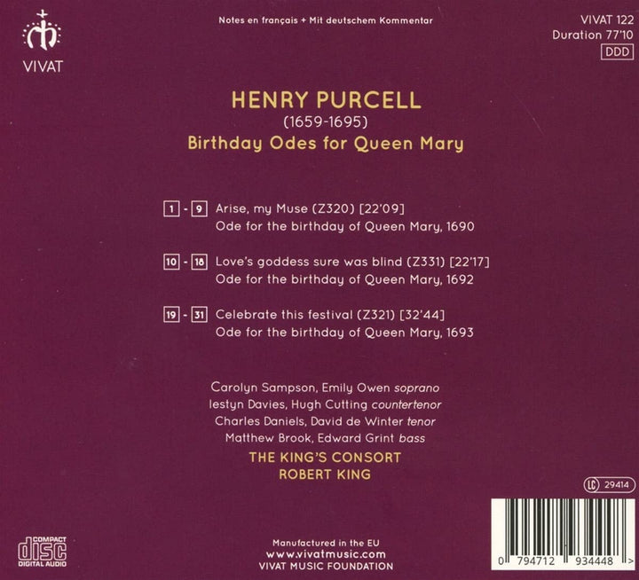 The King's Consort - Purcell: Birthday Odes for Queen Mary [Audio CD]