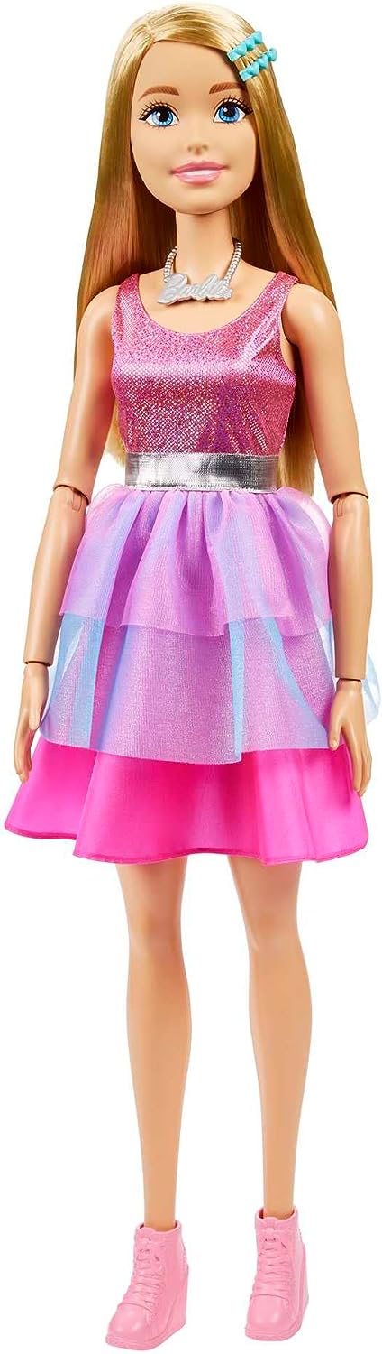 Barbie Large Barbie Doll with Blond Hair, 28 Inches Tall, Shimmery Pink Dress with Necklace and Hair Clip Accessories