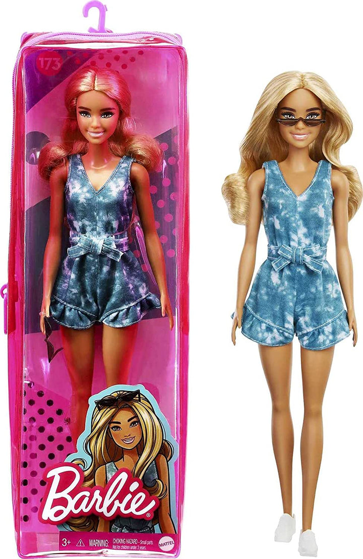 Barbie GRB65 Fashionista Doll Wearing Tie-Dye Romper, Multicolor, 31.75 cm*5.08