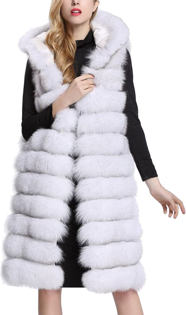 S&S-women Fashion Luxury Solid Long Hooded Faux Fur Vest Puffer Coat Jacket