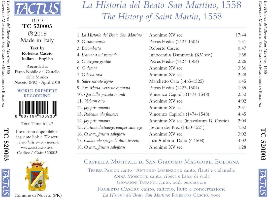 La Historia Del Beato [Cappella Musicale di San Giacomo Maggiore in Bologna; Roberto Cascio] [Tactus: TC 520003] [Audio CD]