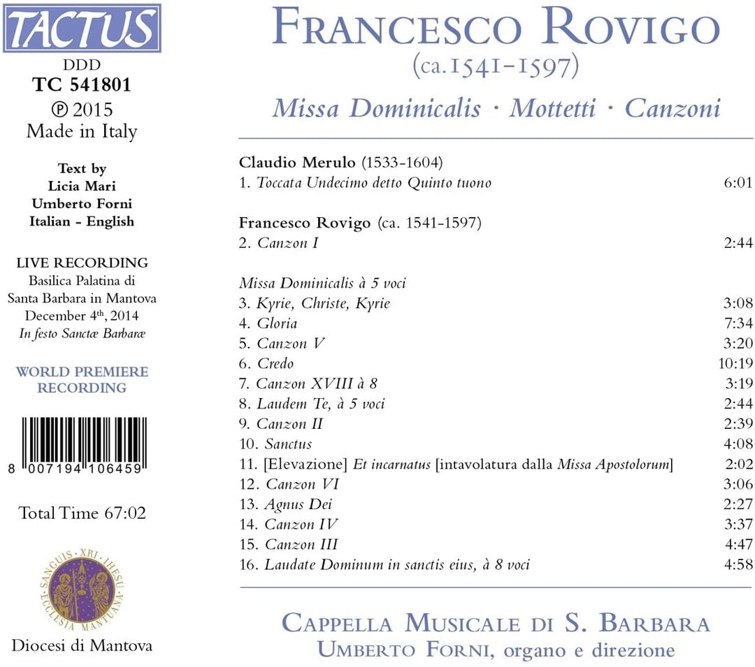 Cappella Musciale di S. Barbara - Rovigo:Missa Dominicalis [Cappella Musciale di S. Barbara, Umberto Forni] [TACTUS: TC 541801] [Audio CD]