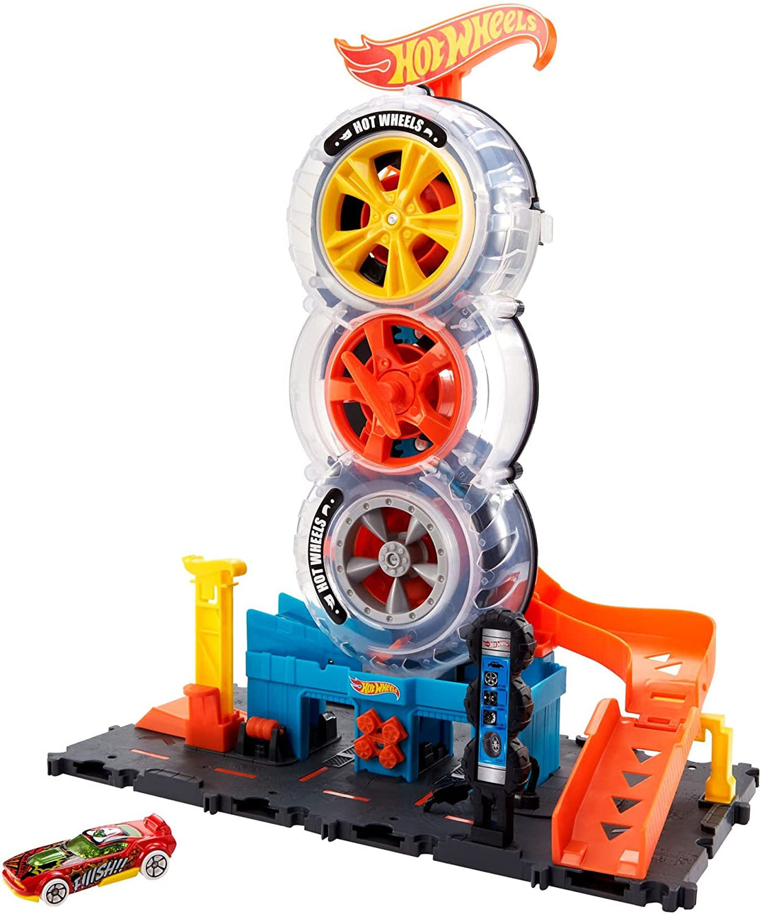 Hot Wheels City Super Twist Tire Shop Playset, Spin the Key to Make Cars Travel