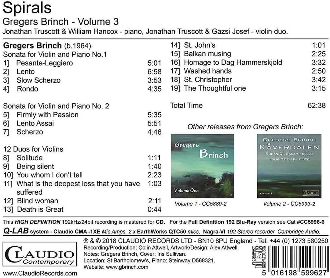 Brinch: Spirals, Vol. 3 [Jonathan Truscott; William Hancox; Gazsi Josef] [Claudio Records: CC5996-2] [Audio CD]