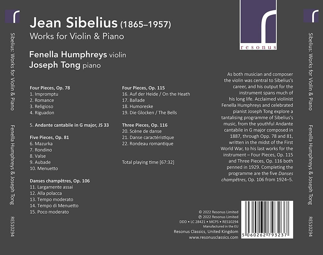 Sibelius: Violin Works [Fenella Humphreys; Joseph Tong] [Resonus Classics: RES10 [Audio CD]