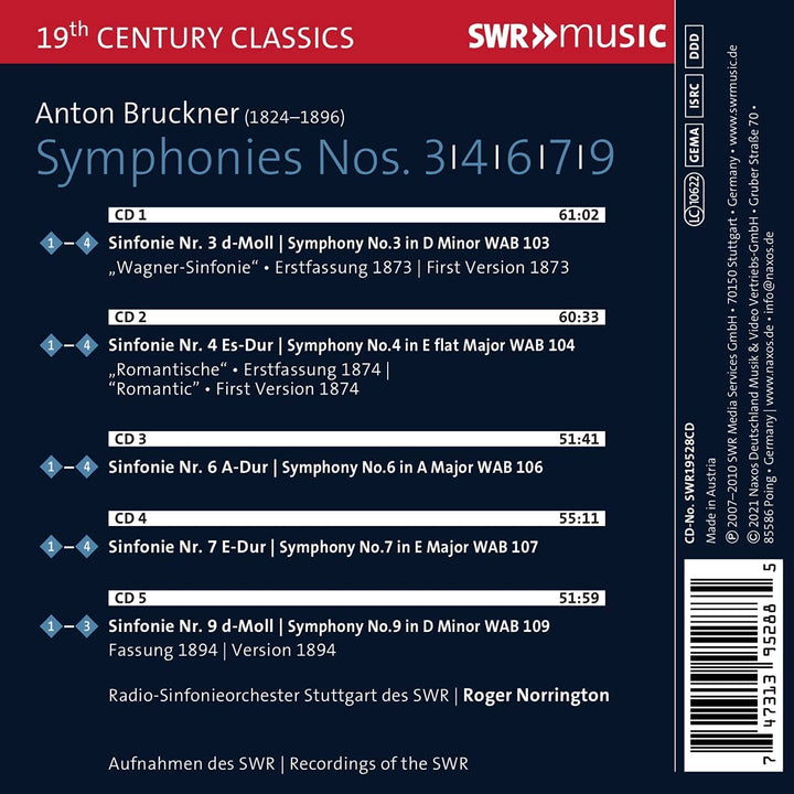 Bruckner: Symphonies 3 4 6 9 [Radio-Sinfonieorchester Stuttgart des SWR; Sir Roger Norrington] [Swr Classic: SWR195 [Audio CD]