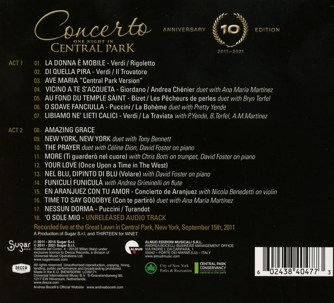 Andrea Bocelli - Concerto: One night in Central Park - 10th Anniversary [Audio CD]